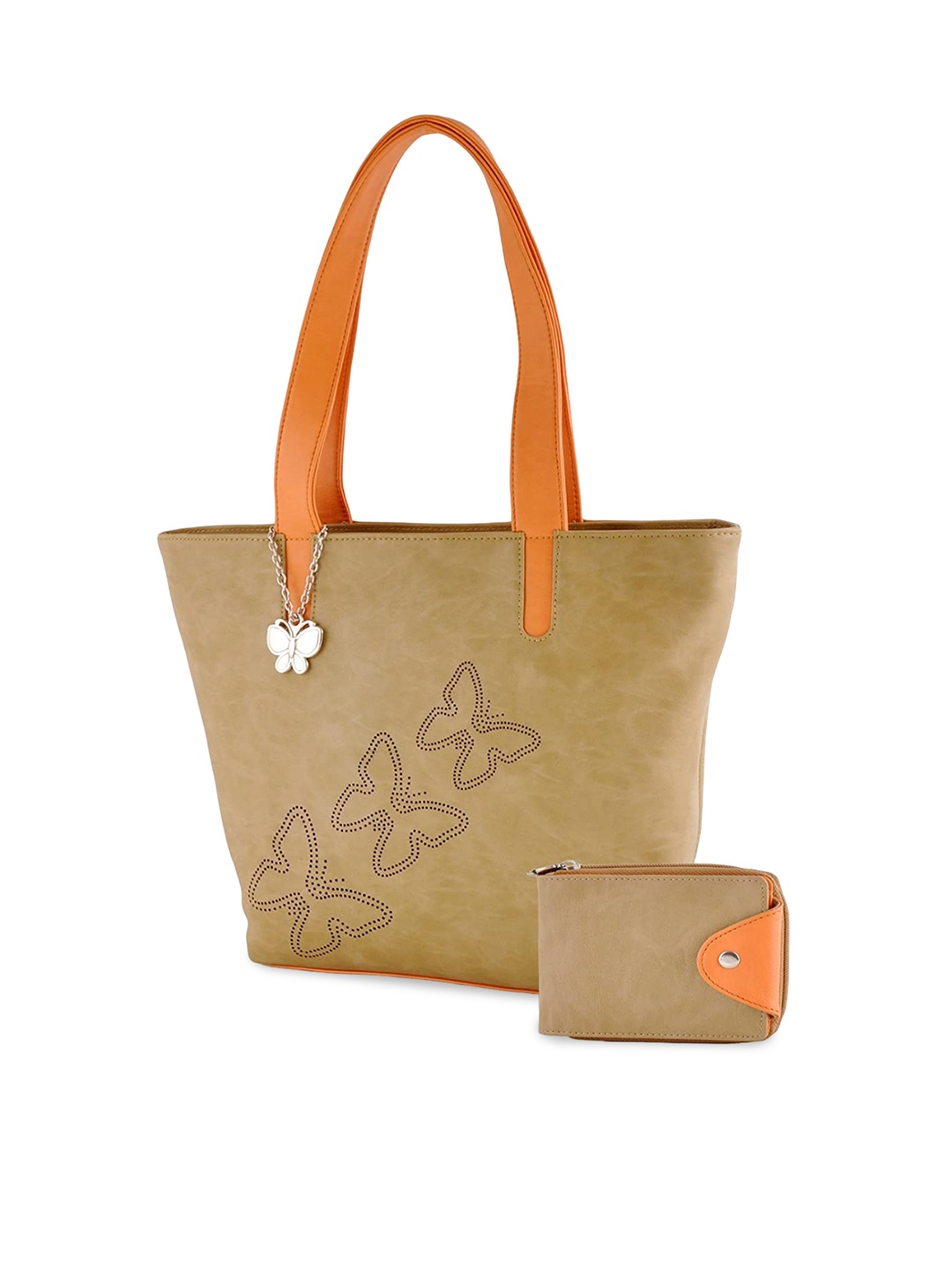 

Butterflies Set Of 2 Cut Work Shopper Shoulder Bag with Pouch, Multi