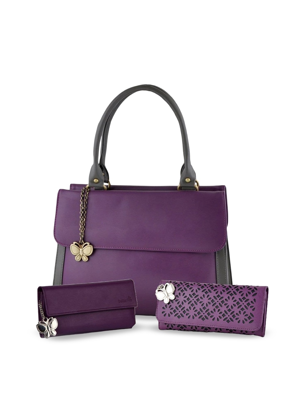 

Butterflies Pack of 3 PU Structured Handheld Bag, Purple