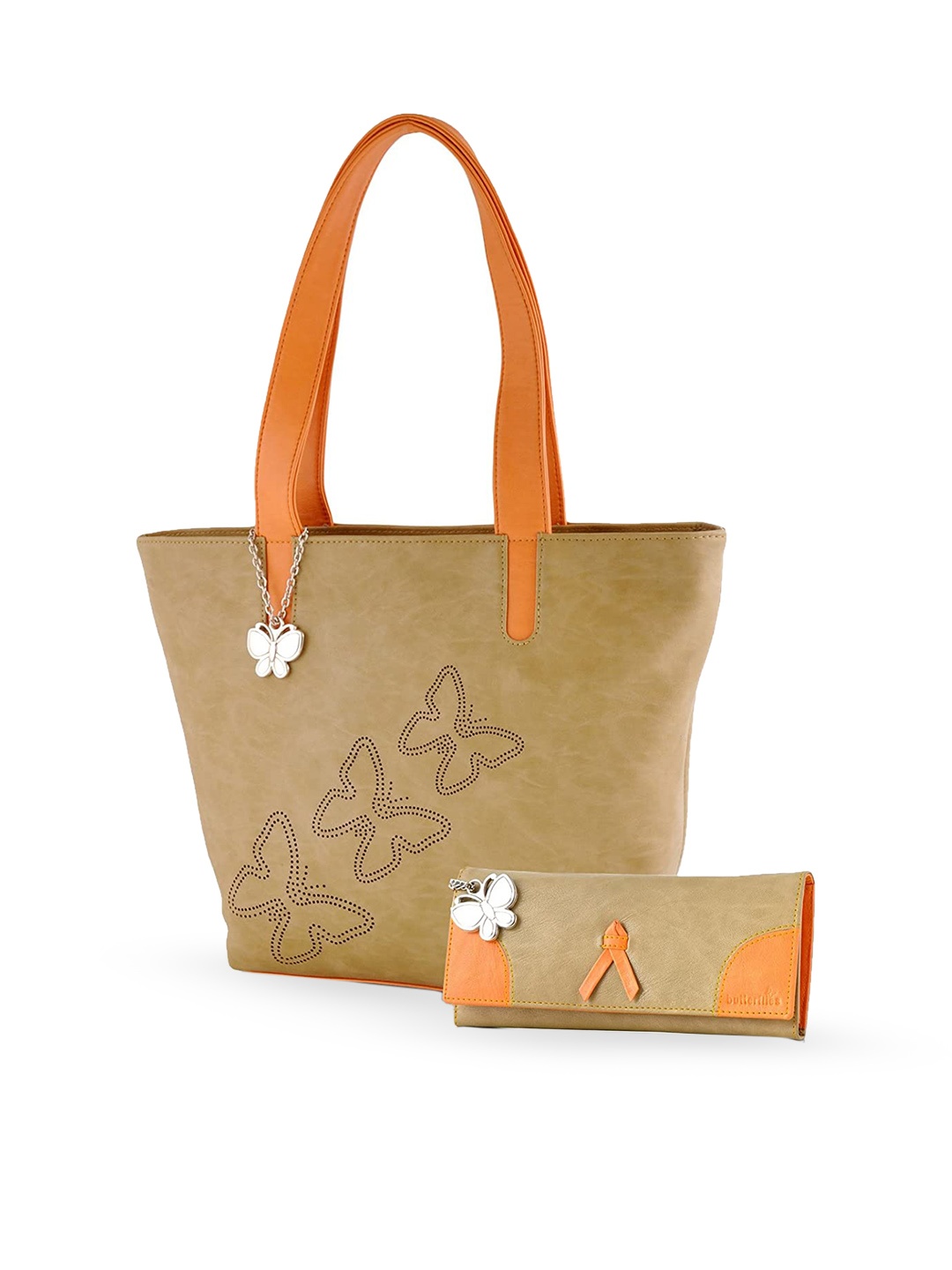 

Butterflies Pack Of 2 PU Structured Shoulder Bag with Cut Work, Beige