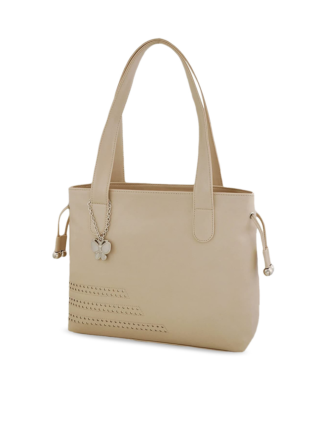 

Butterflies Embellished Structured Shoulder Bag With Cut Work, Cream