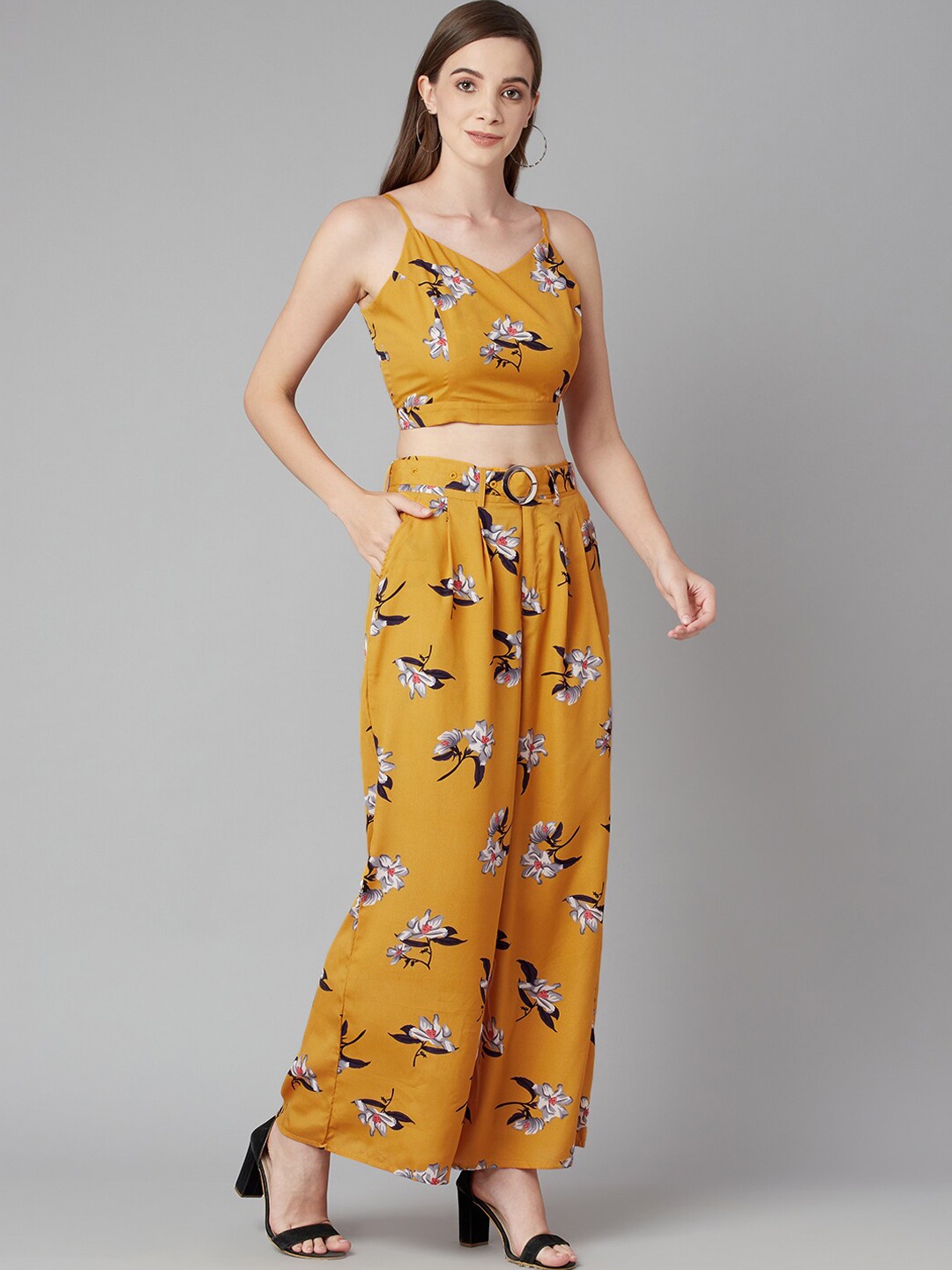 

Purple State Women Printed Crop Top with Palazzo Co-Ord Set, Yellow