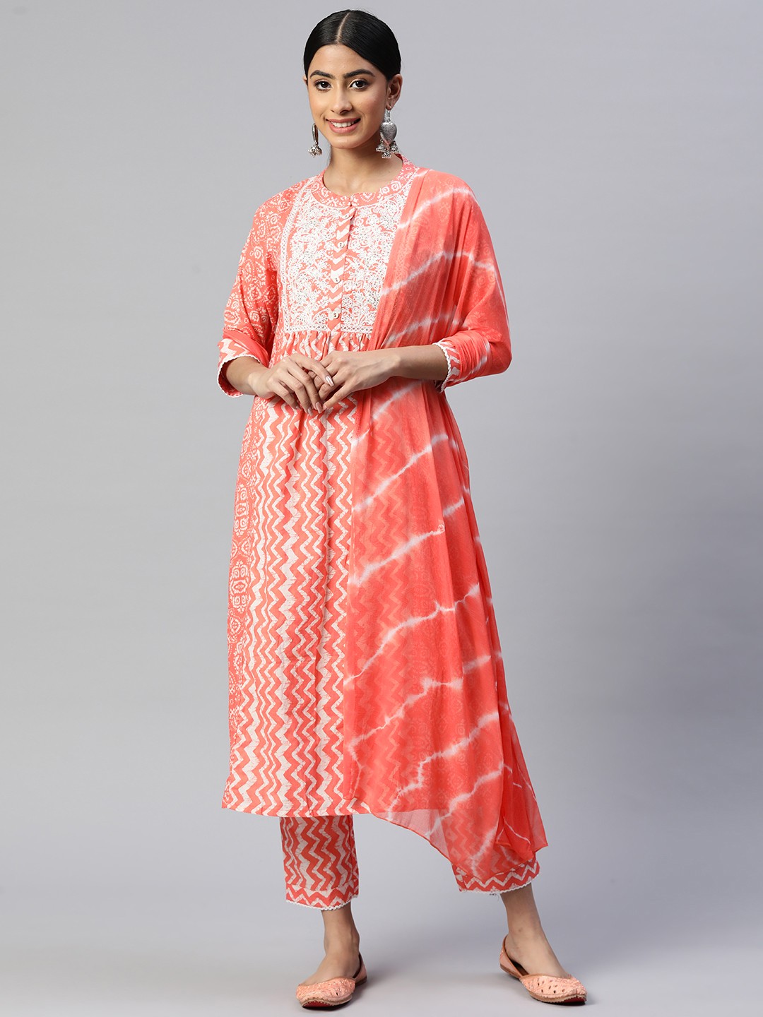 

Vbuyz Ethnic Motifs Printed Thread Work Pure Cotton Kurta With Trousers & With Dupatta, Coral