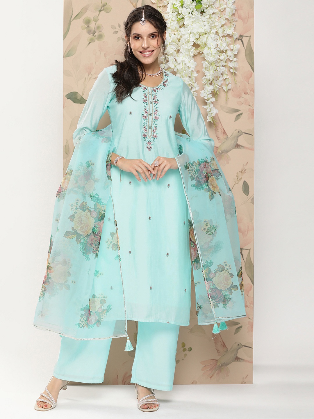 

Anouk Floral Printed Regular Kurta with Palazzos & With Dupatta, Blue