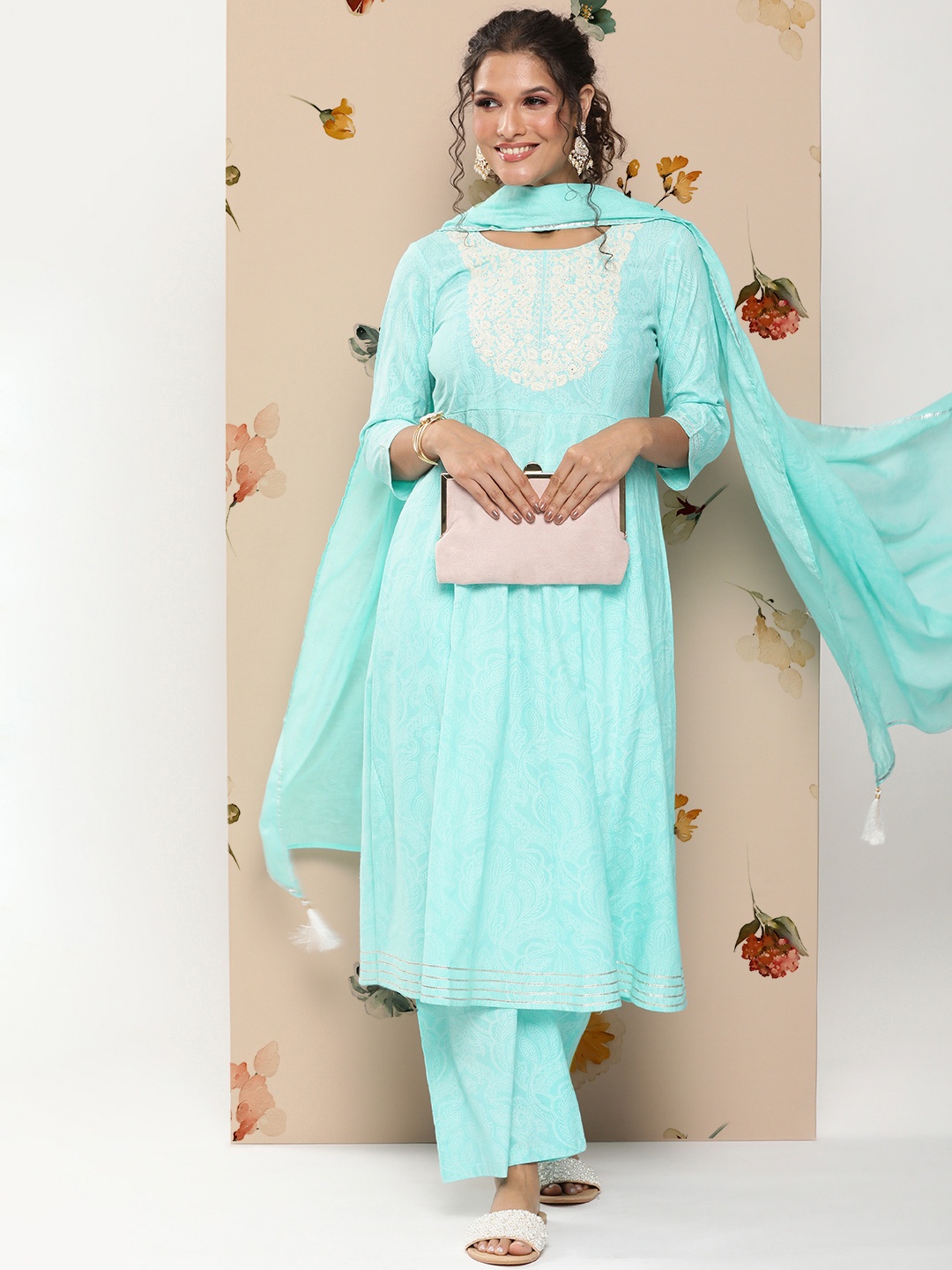 

Anouk Ethnic Motifs Embroidered Gotta Patti Pure Cotton Kurta with Palazzos & With Dupatta, Blue