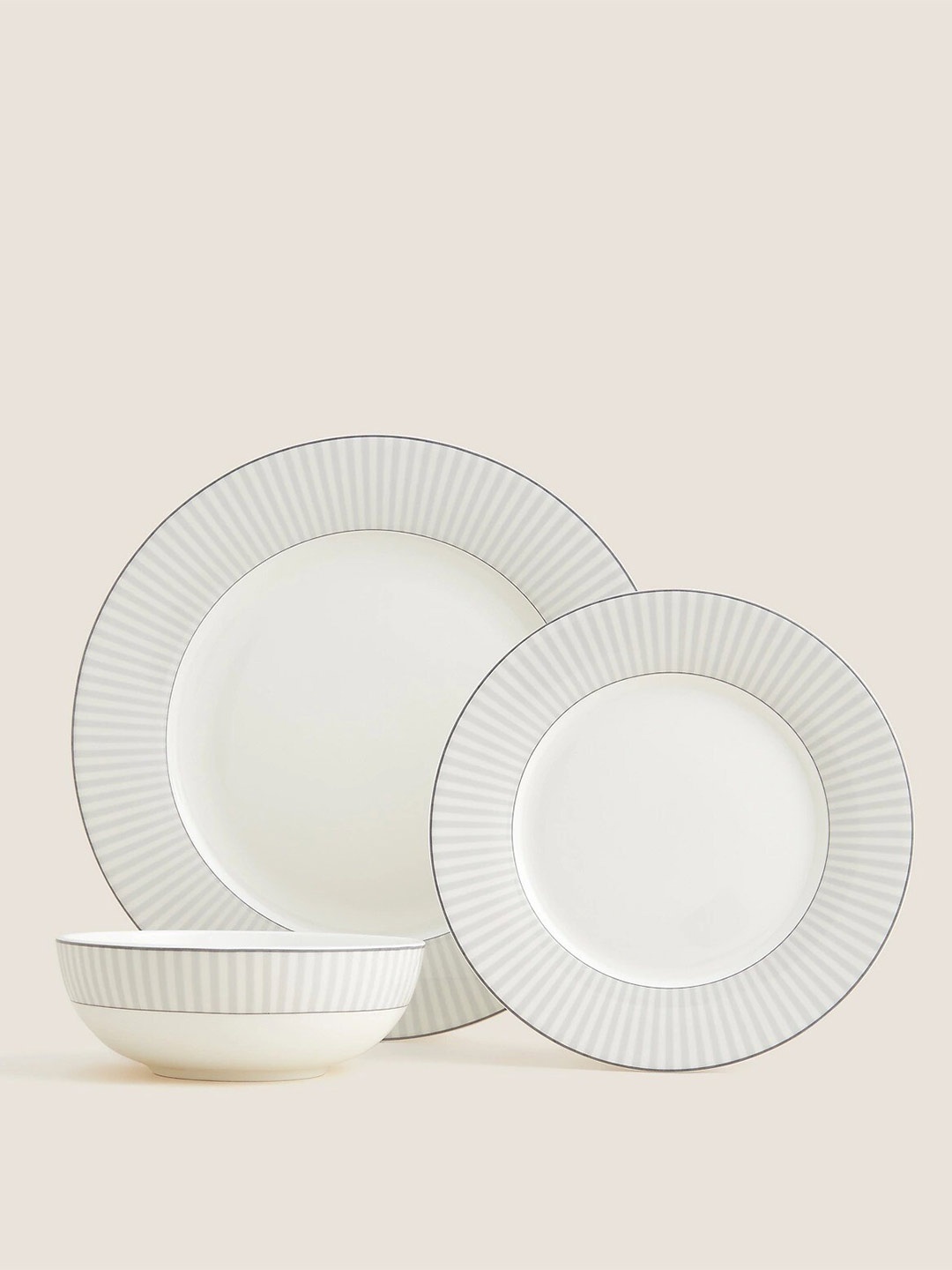 

Marks & Spencer Hampton White & Grey 3 Pieces Printed Bone China Glossy Dinner Set