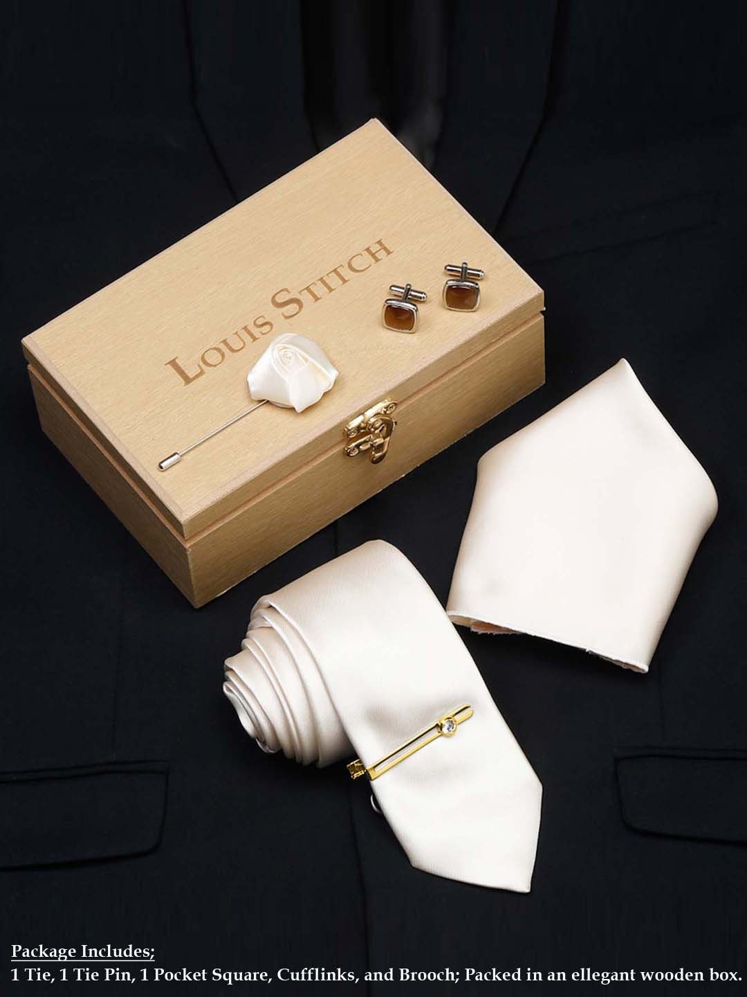 

LOUIS STITCH Men Italian Silk Necktie Accessories Gift Set, Cream