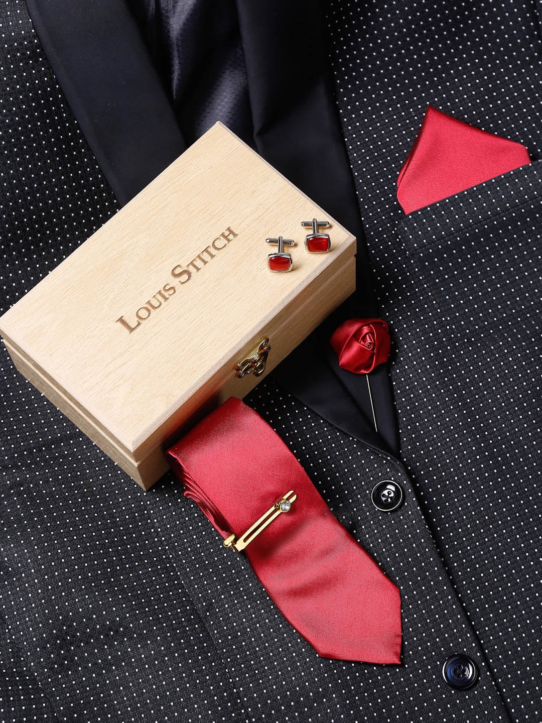 

LOUIS STITCH Men Luxury Italian Silk Necktie Set, Red