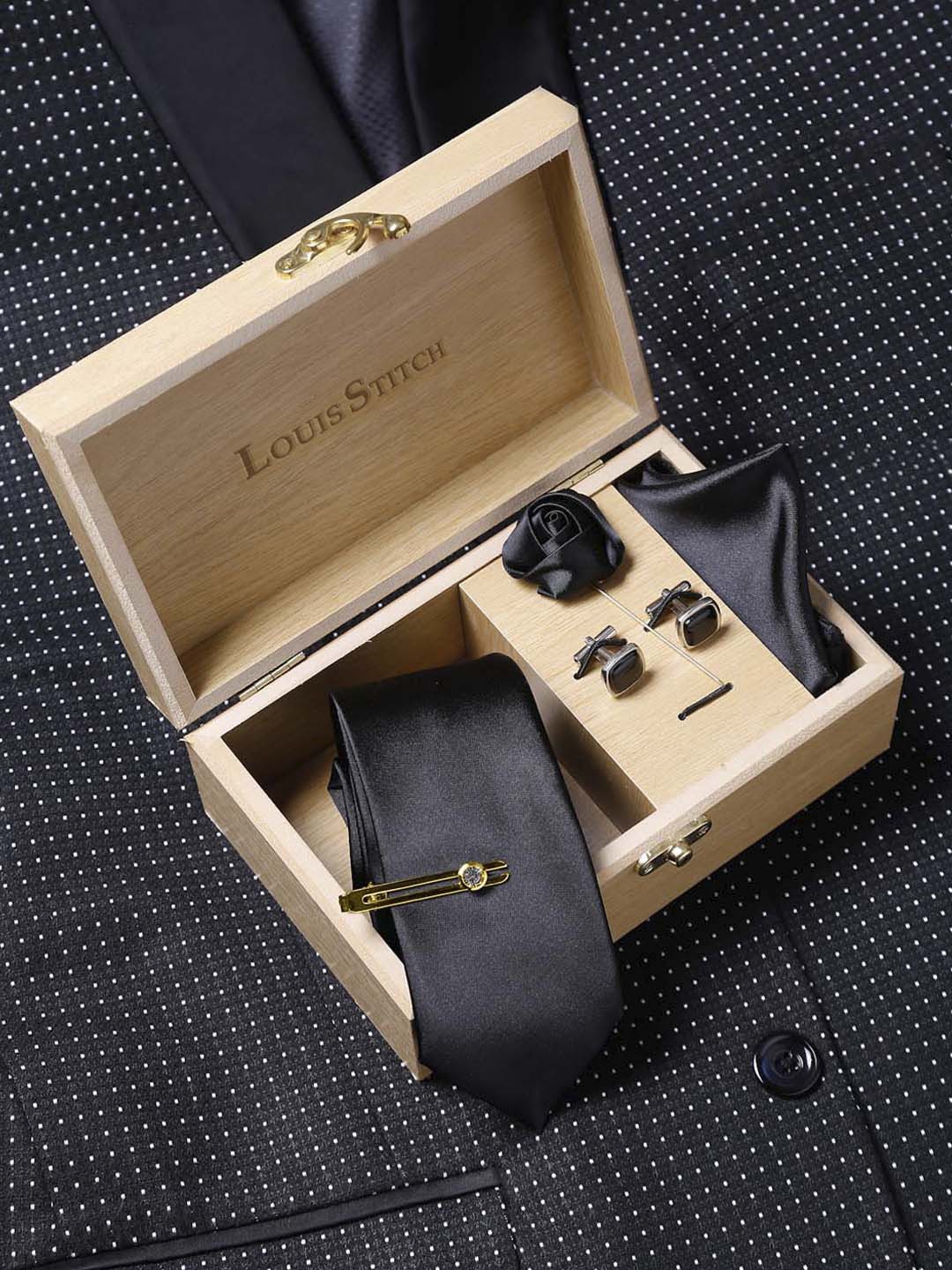 

LOUIS STITCH Men Luxury Italian Silk Necktie Set, Black