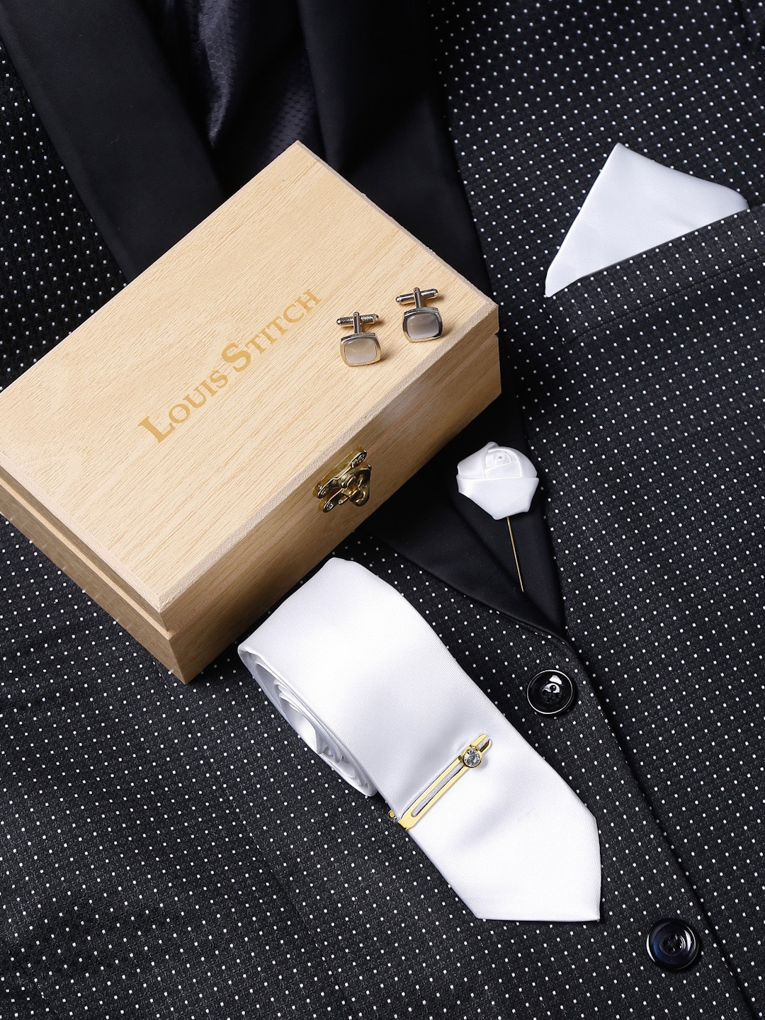 

LOUIS STITCH Men Luxury Italian Silk Necktie Set, White