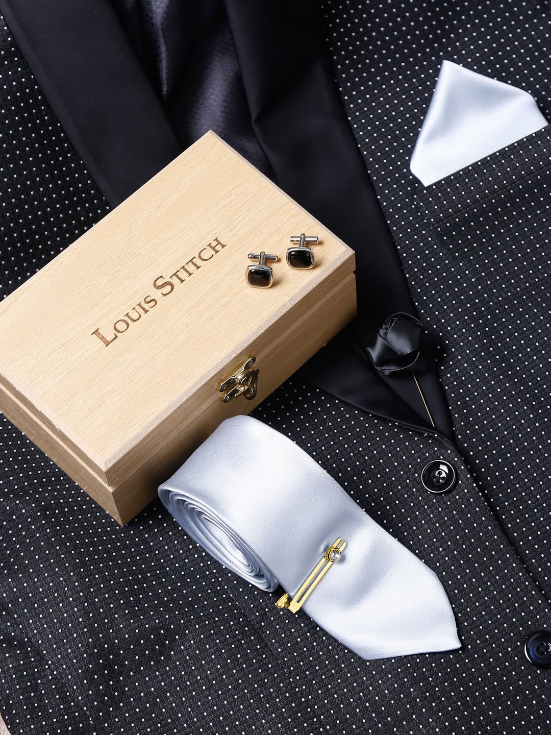 

LOUIS STITCH Men Italian Silk Necktie Accessories Gift Set, Grey