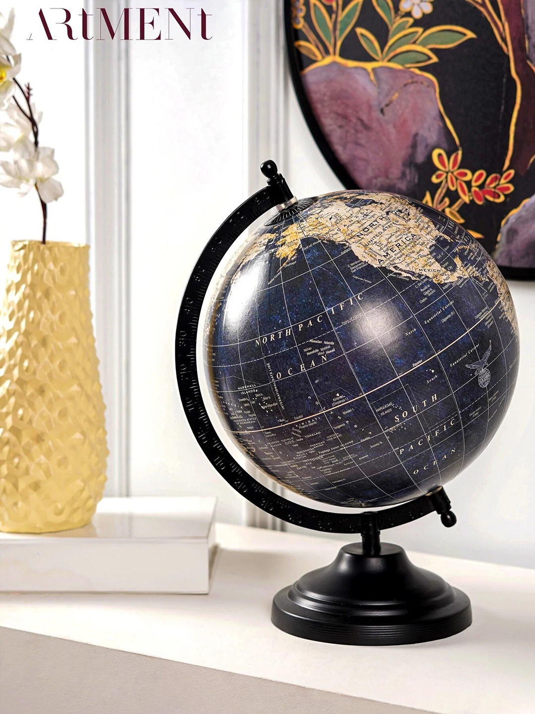 

THE ARTMENT Minimal Nautical Navigator Blue & Beige HD Print Globe Showpiece