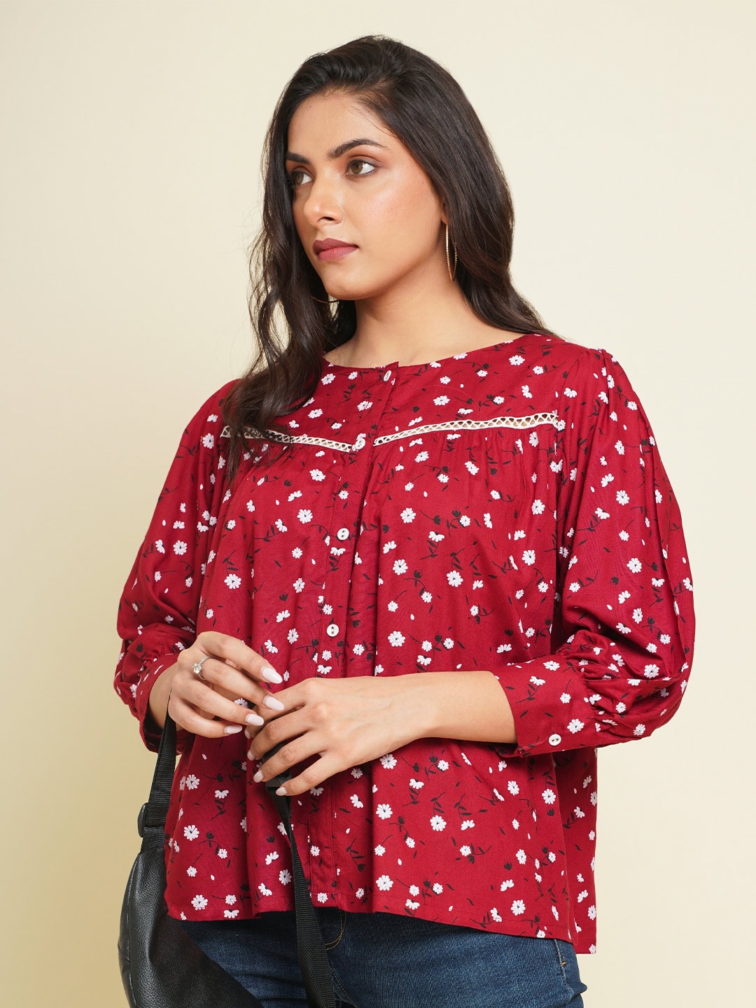 

FLAMBOYANT Floral Print A-Line Top, Maroon