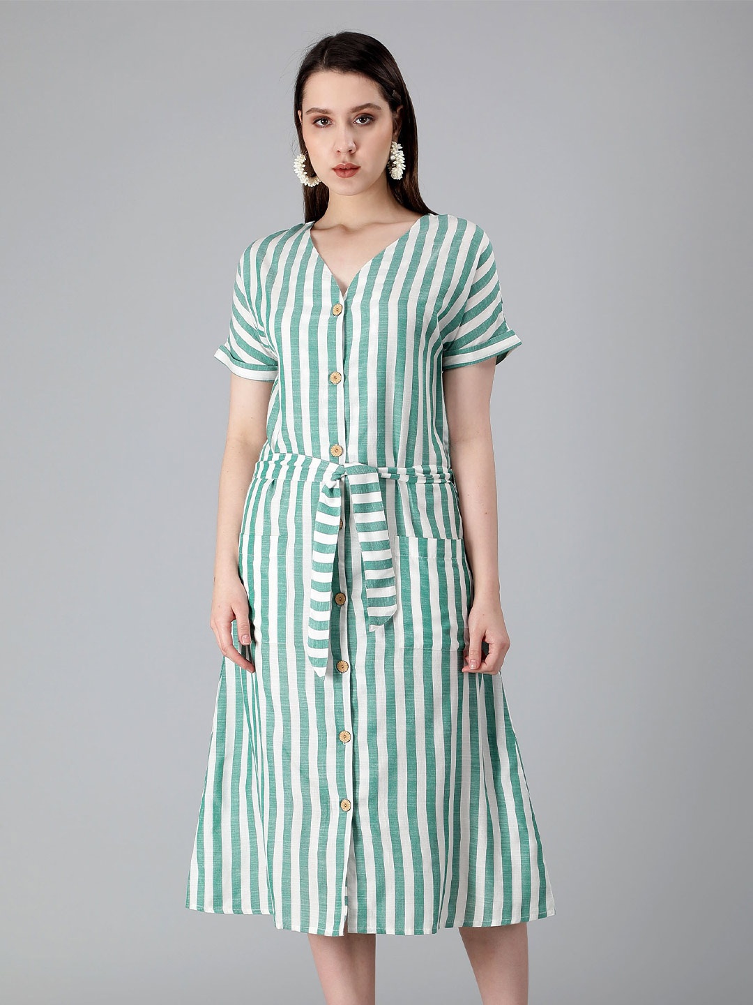 

misbis Striped Printed Pure Cotton A-Line Midi Dress, Green