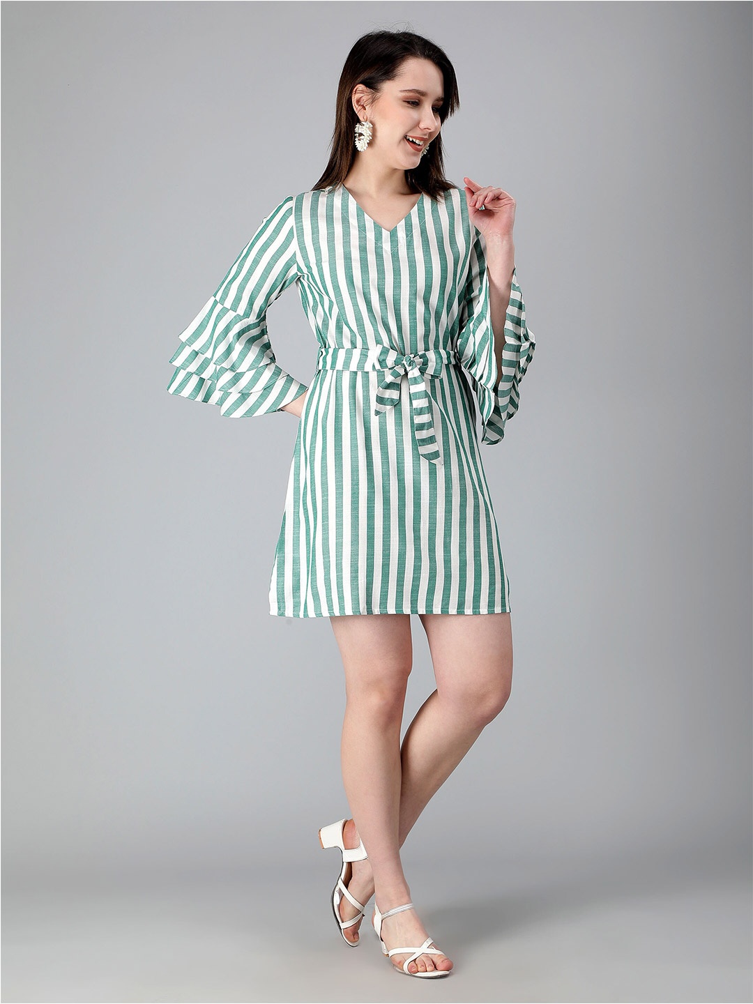 

misbis Striped Printed Pure Cotton A-Line Midi Dress, Green