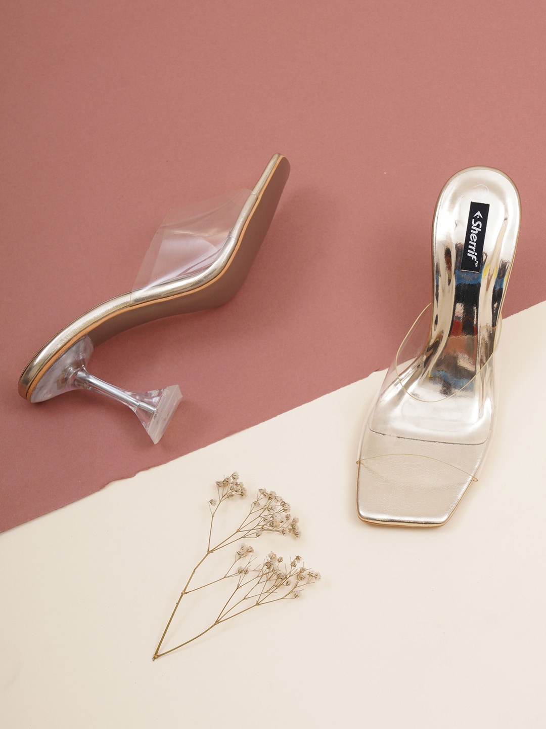 

Sherrif Shoes Open Toe Slim Heels, Gold