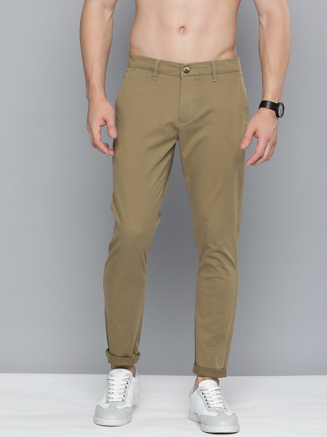 

HERE&NOW Tapered Fit Mid-Rise Chinos Trousers, Khaki