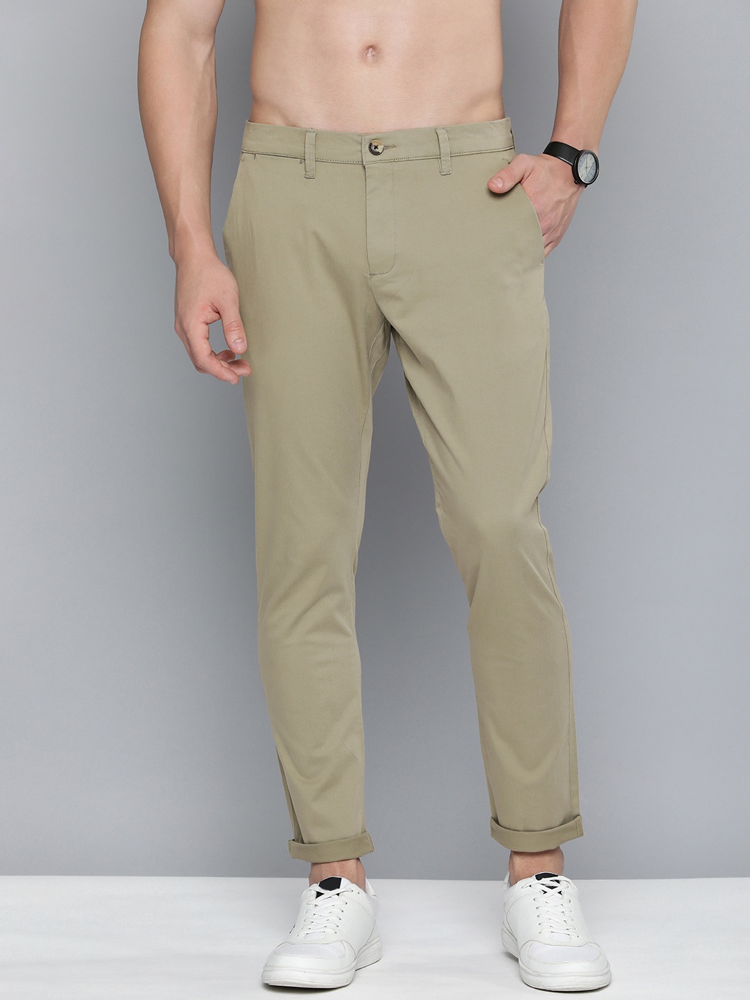 

HERE&NOW Tapered Fit Mid-Rise Chinos Trousers, Green