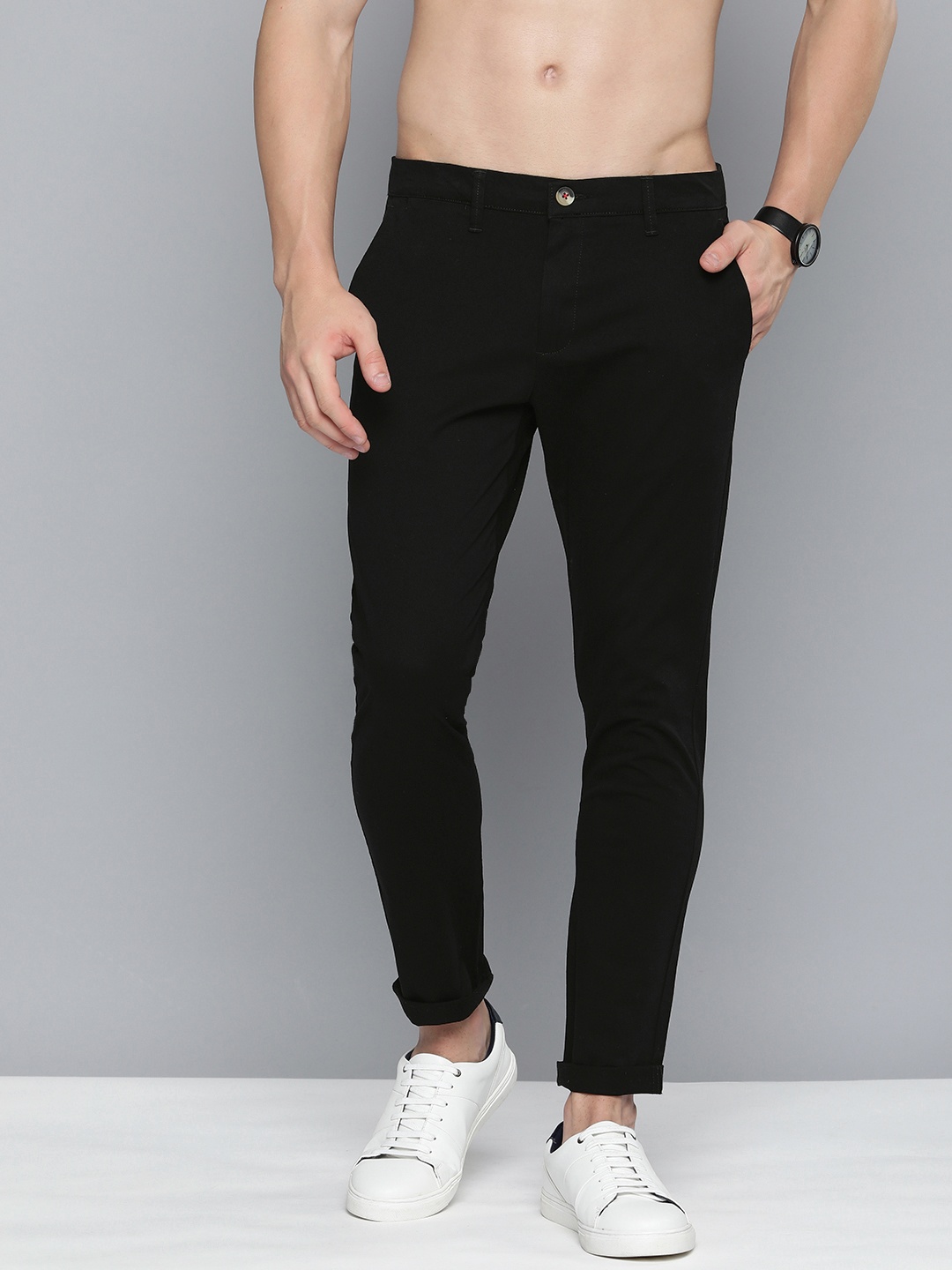 

HERE&NOW Tapered Fit Mid-Rise Chinos Trousers, Black