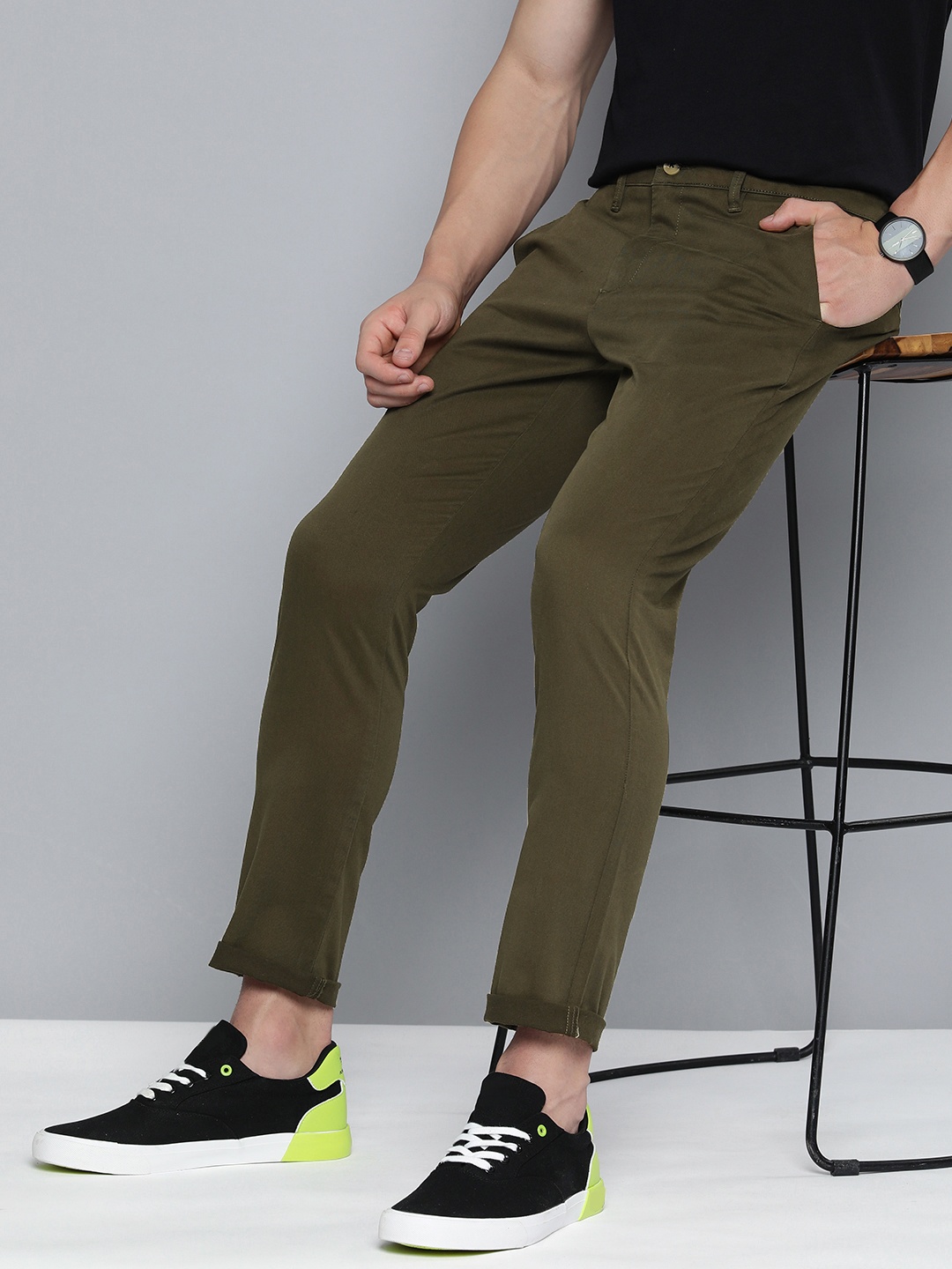 

HERE&NOW Tapered Fit Mid-Rise Chinos Trousers, Olive