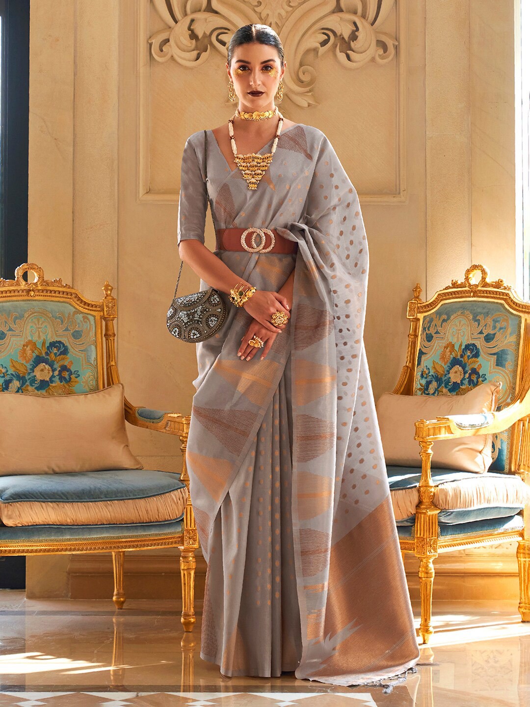 

Mitera Woven Design Zari Tissue Banarasi Saree, Grey