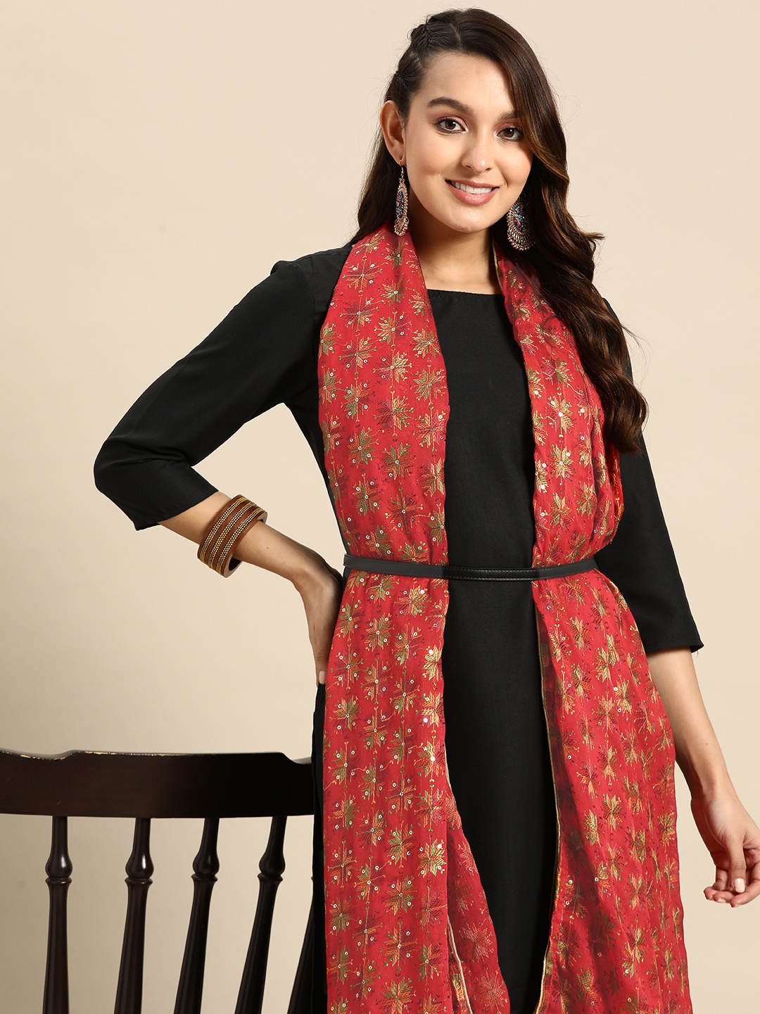 

Sangria Embroidered Dupatta with Sequinned Detail, Red