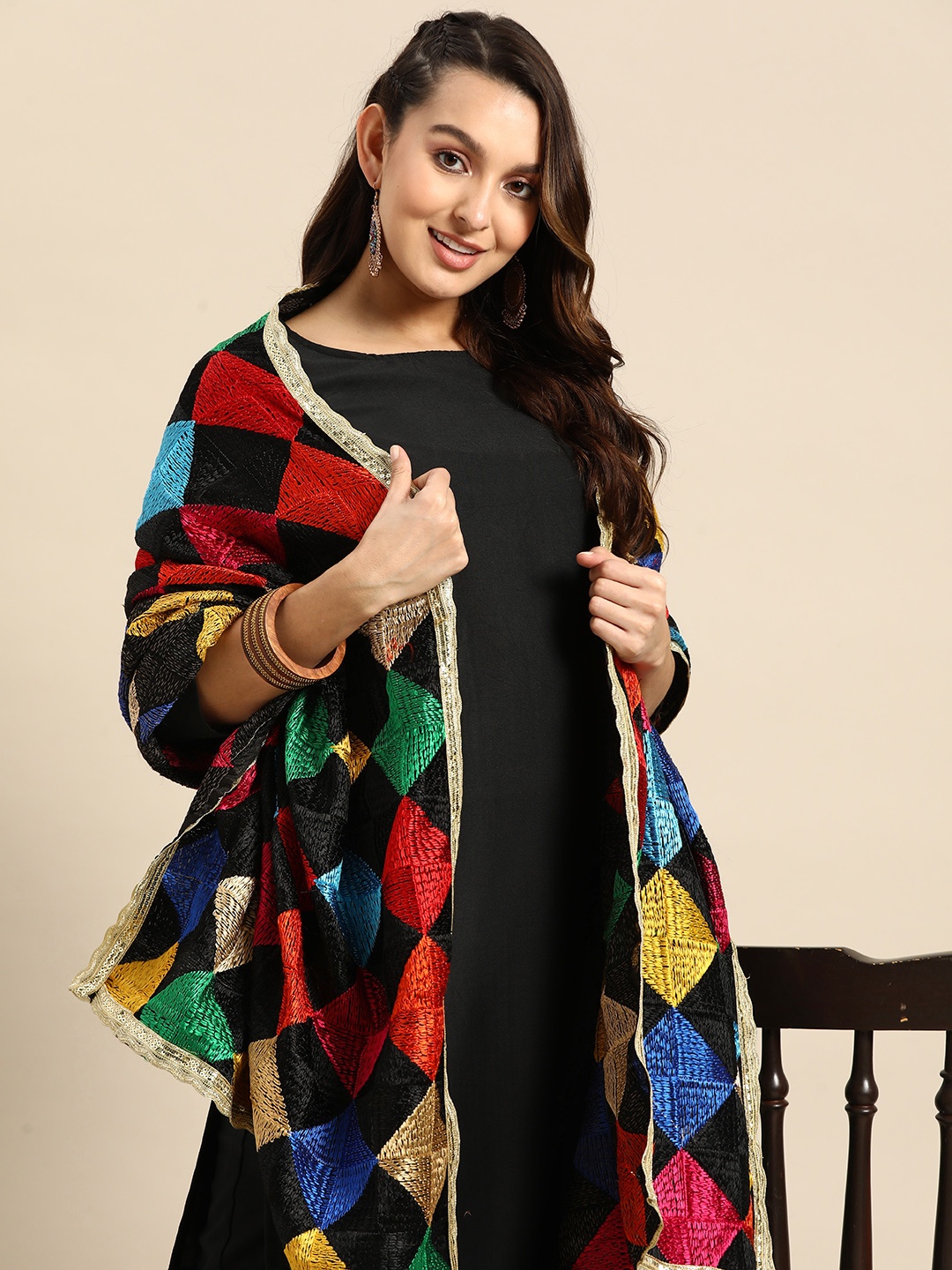 

Sangria Embroidered Dupatta with Sequinned Details, Black