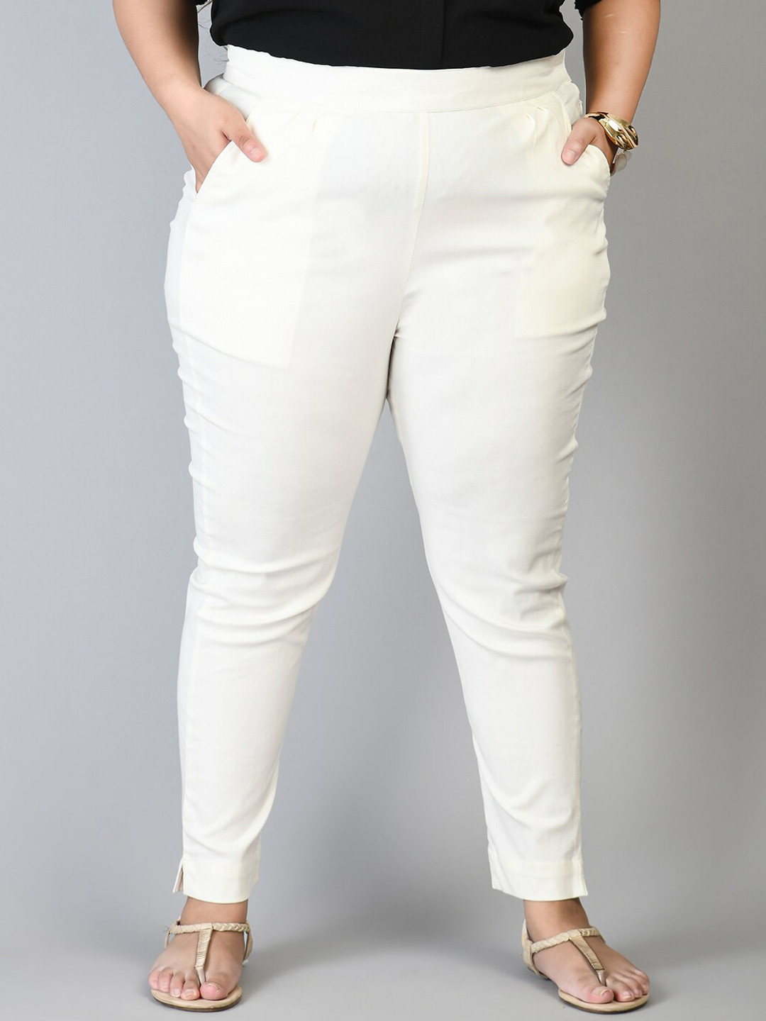

PrettyPlus by Desinoor.com Women Plus Size Regular Fit Mid-Rise Trousers, White