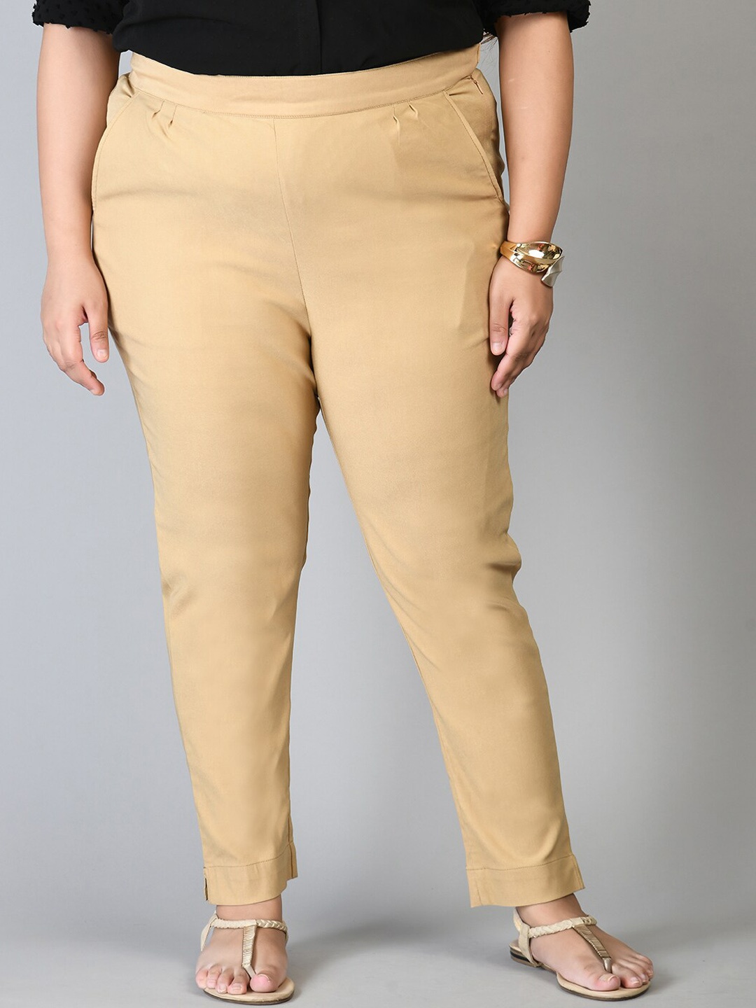 

PrettyPlus by Desinoor.com Women Plus Size Regular Fit Mid-Rise Trousers, Beige