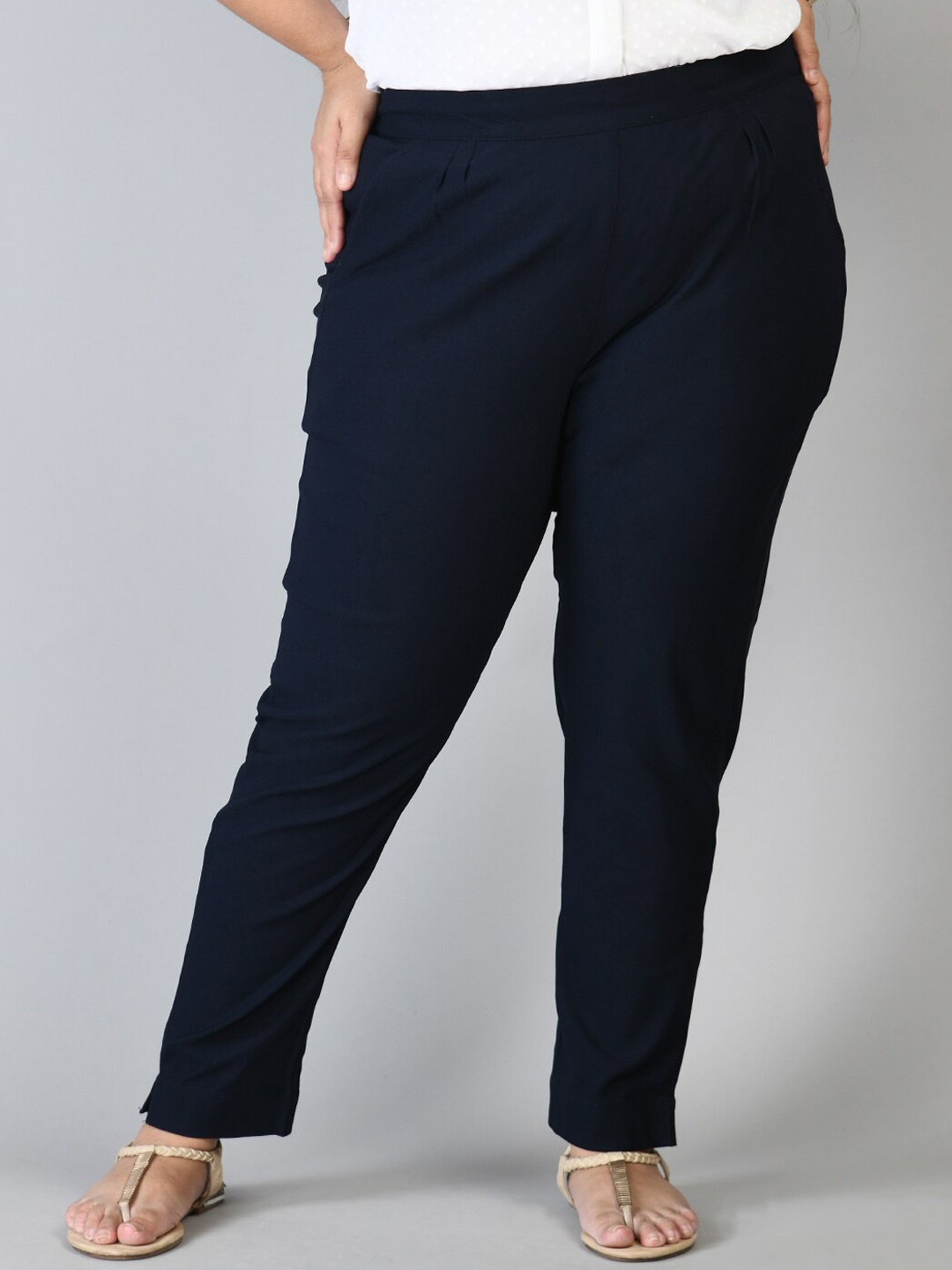

PrettyPlus by Desinoor.com Plus Size Women Mid-Rise Comfort Fit Trousers, Navy blue