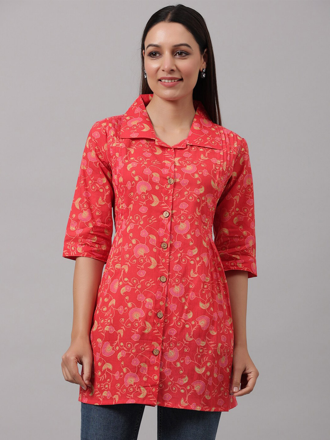 

Do Dhaage Floral Print Shirt Style Longline Top, Red