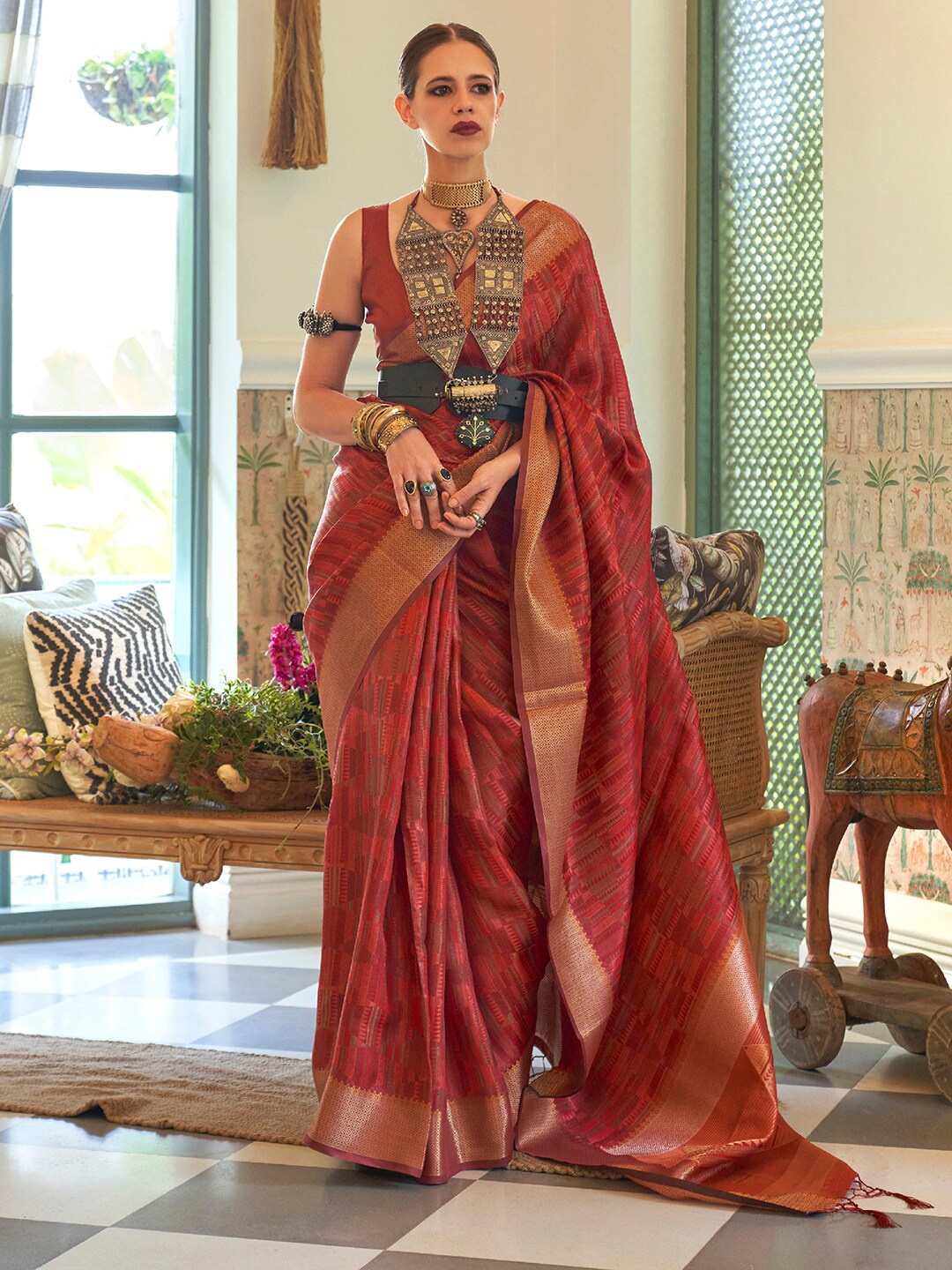 

Saree mall Woven Design Zari Organza Banarasi Sarees, Rust