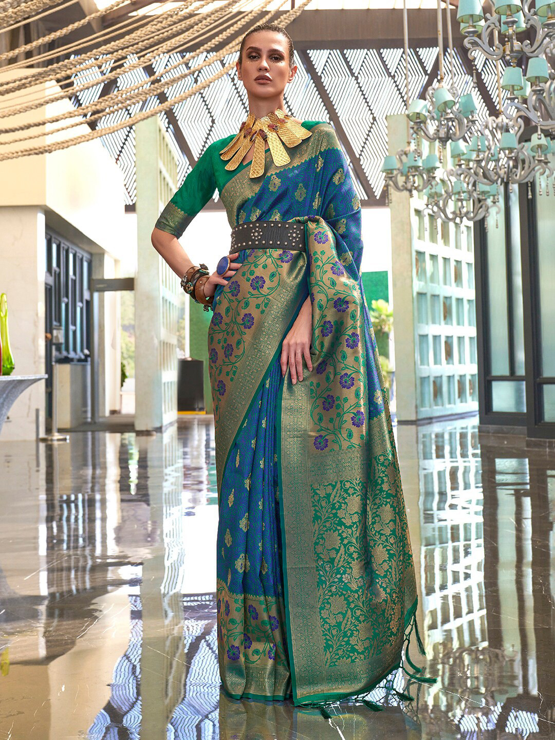 

Saree mall Woven Design Zari Banarasi Saree, Blue
