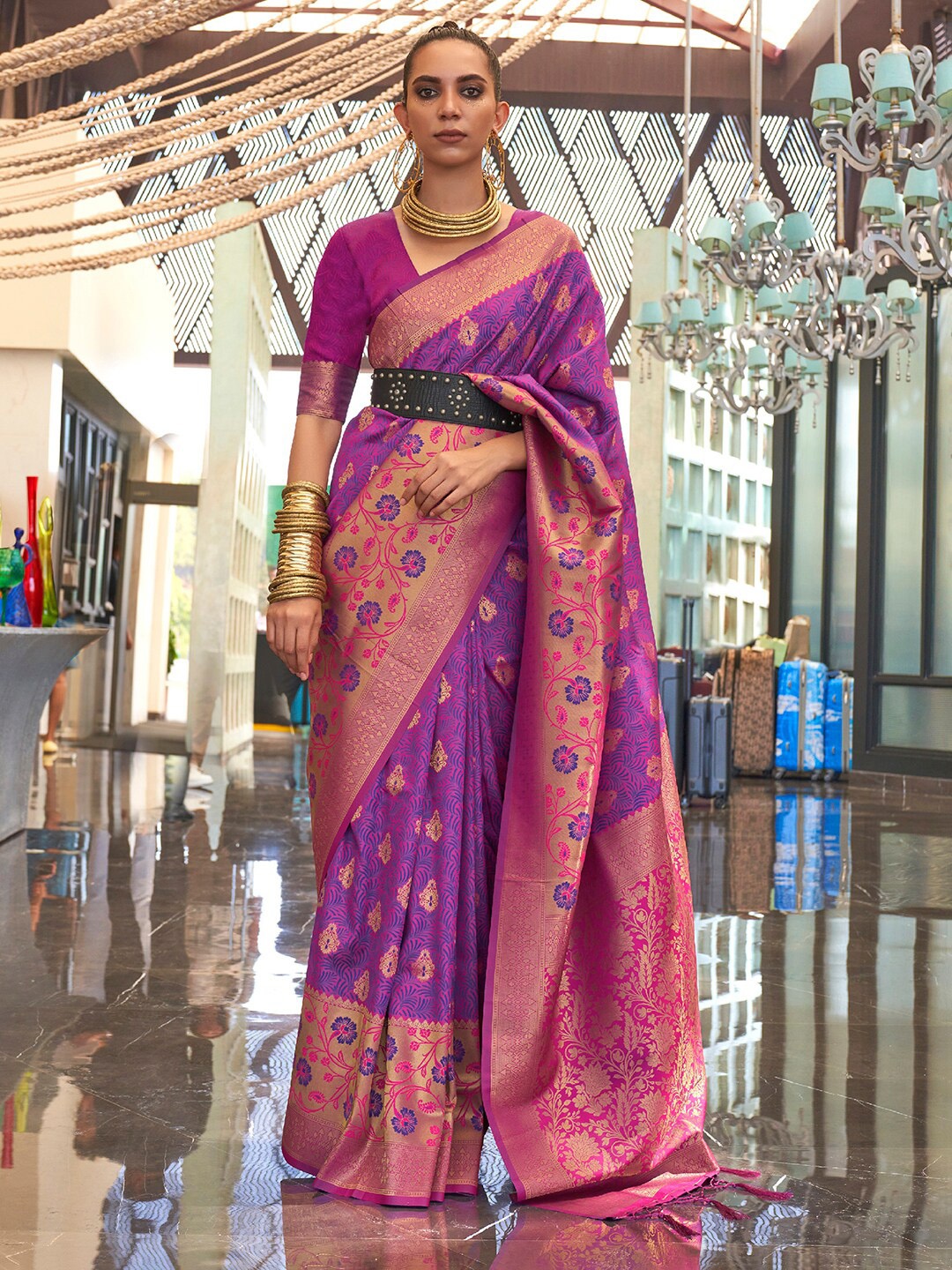 

Saree mall Woven Design Zari Banarasi Saree, Purple