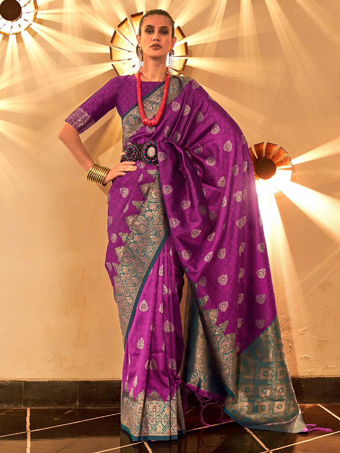 

Saree mall Woven Design Zari Banarasi Saree, Purple