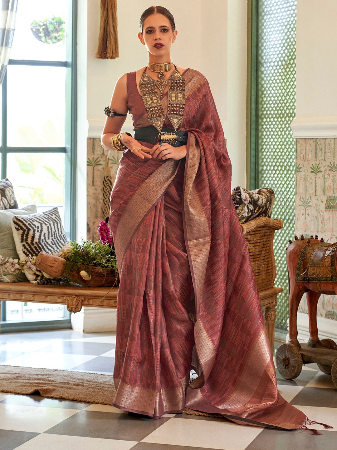 

Saree mall Woven Design Zari Organza Banarasi Sarees, Brown