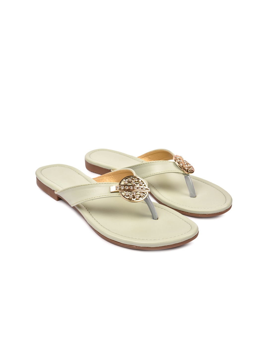 

REEZZ Women Embellished T-Strap Flats, Beige