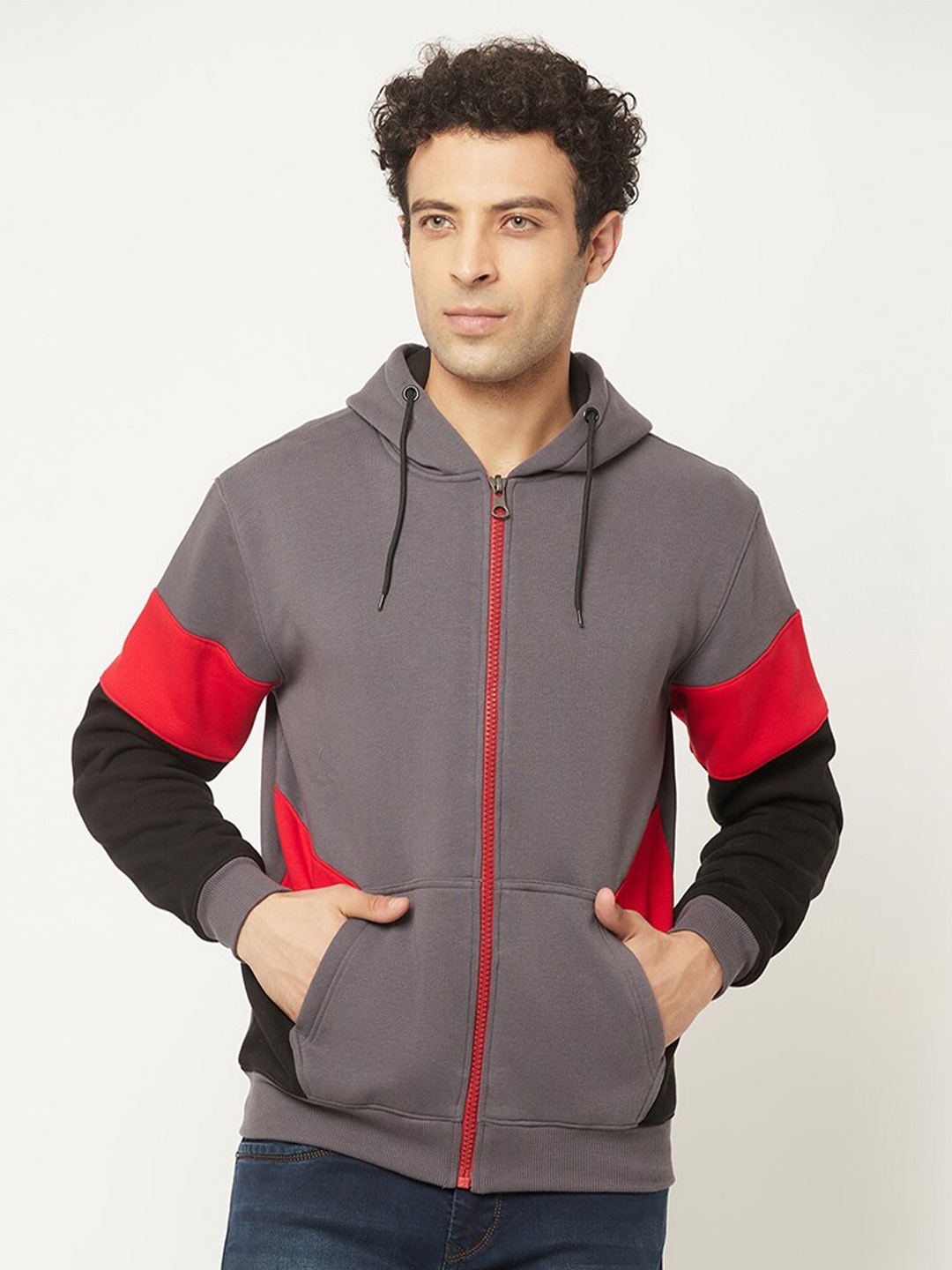 

HOLDIT Men Colourblocked Hooded Kangaroo Pocket Knitted Front-Open Sweatshirt, Purple