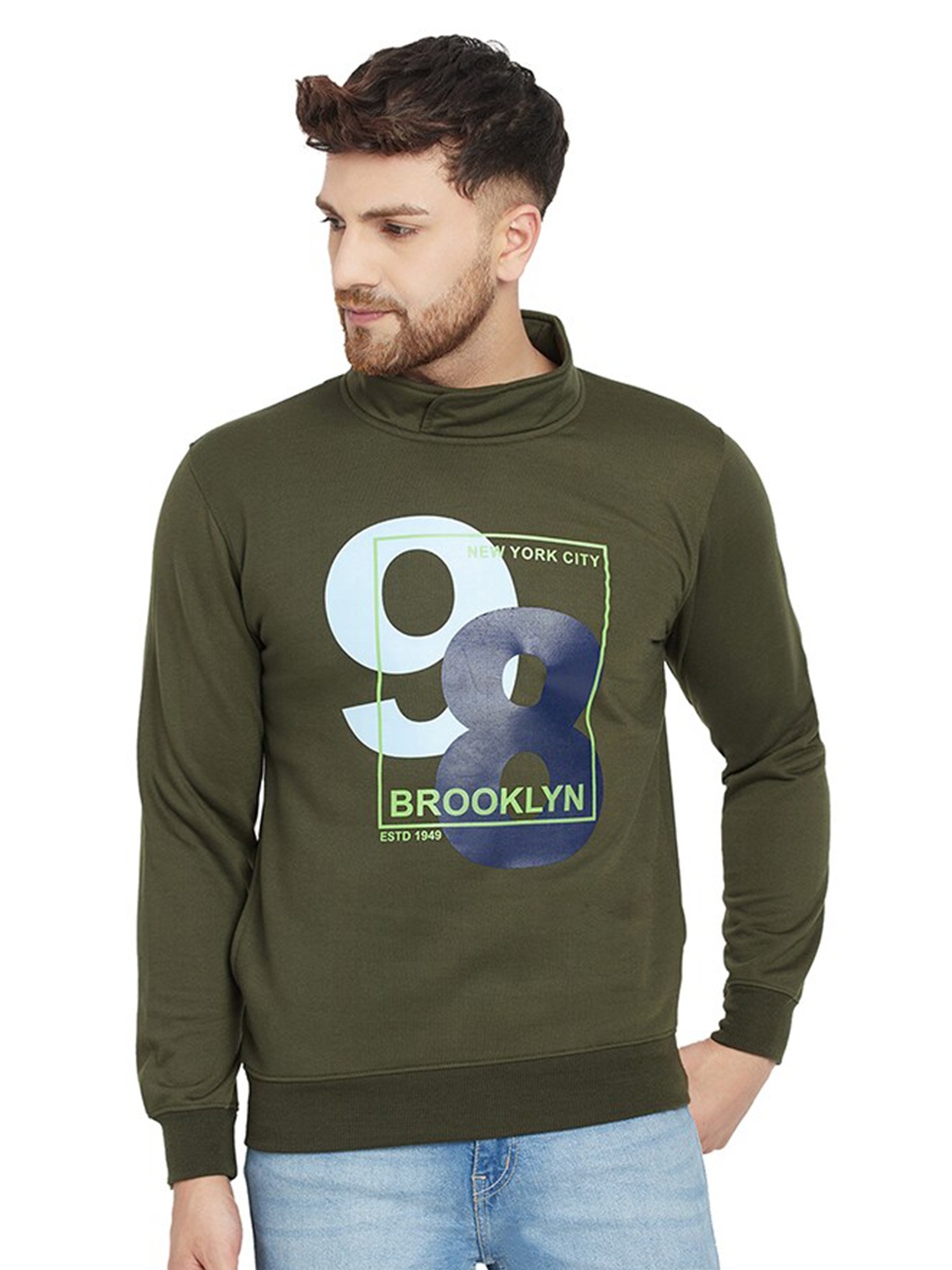 

HOLDIT Men Alphanumeric Printed Mock Collar Pullover Sweatshirt, Olive