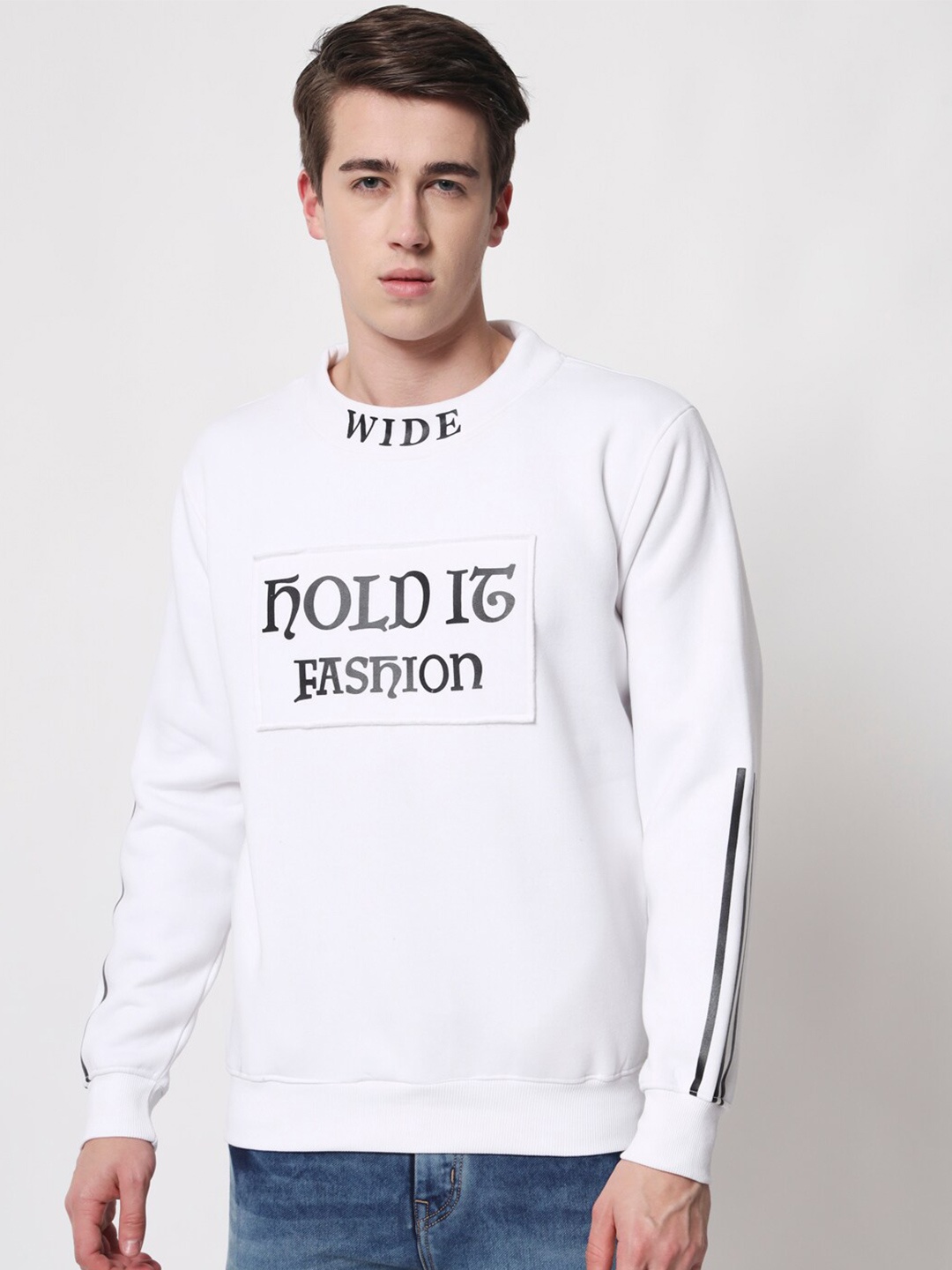 

HOLDIT Men Typography Printed Knitted Pullover Sweatshirt, White