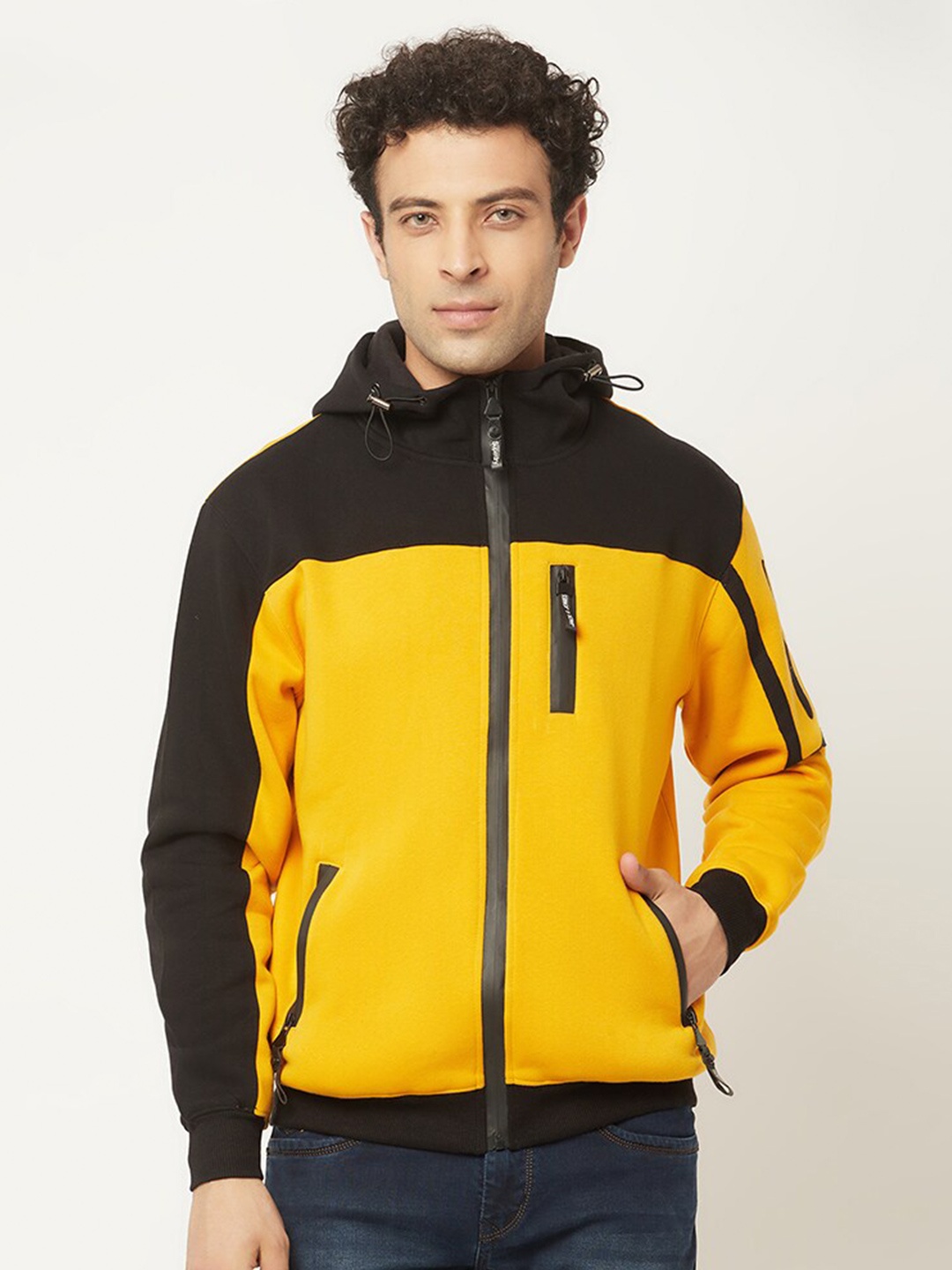 

HOLDIT Men Colourblocked Hooded Front-Open Sweatshirt, Yellow
