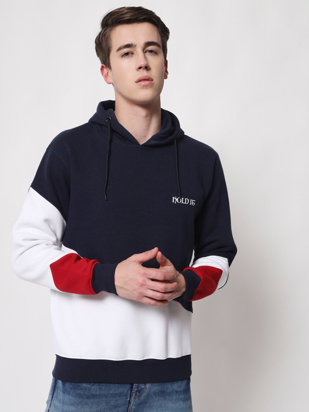 

HOLDIT Men Colourblocked Hooded Pullover Sweatshirt, Navy blue