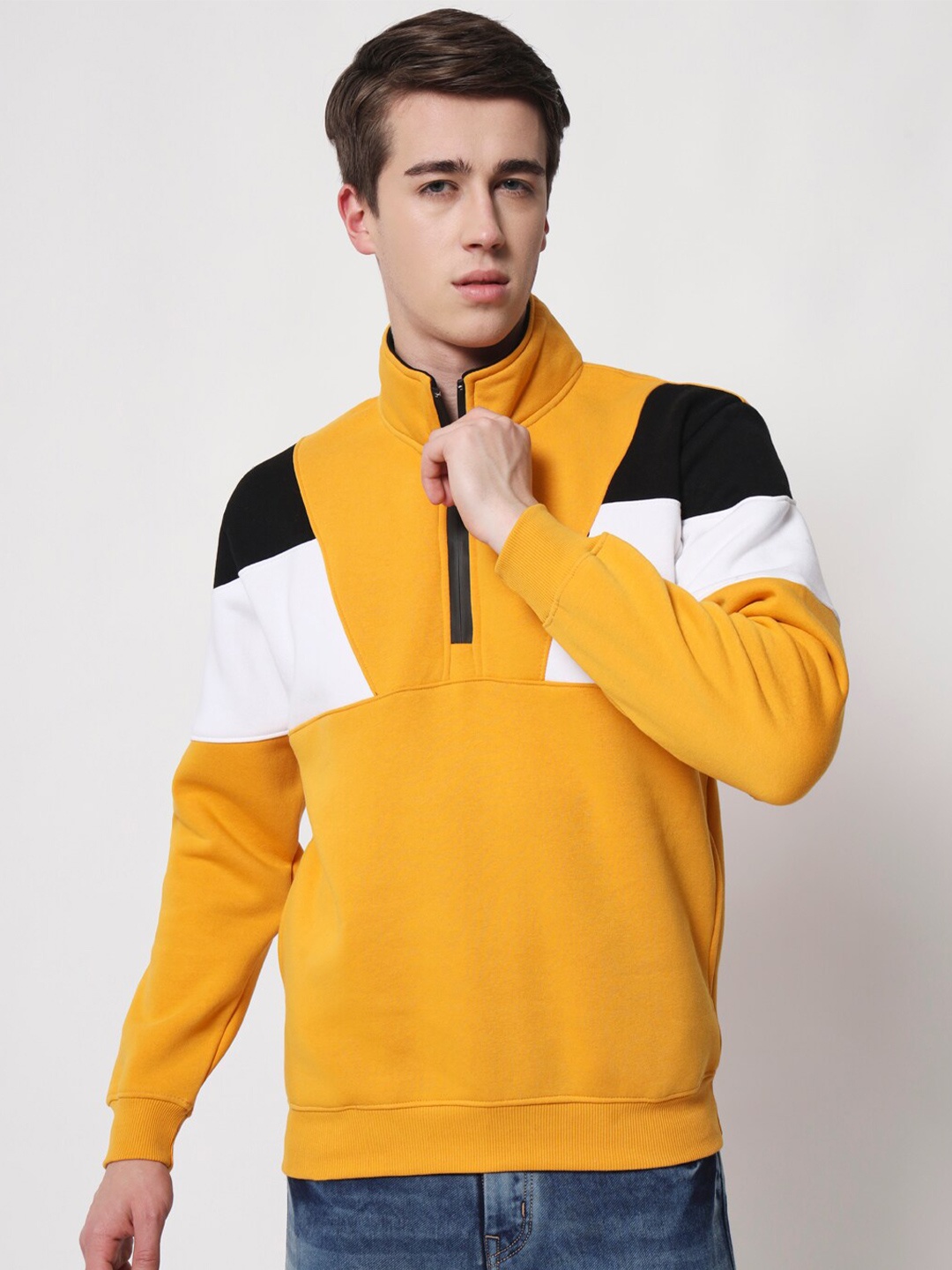 

HOLDIT Men Colourblocked High Neck Pullover Sweatshirt, Mustard