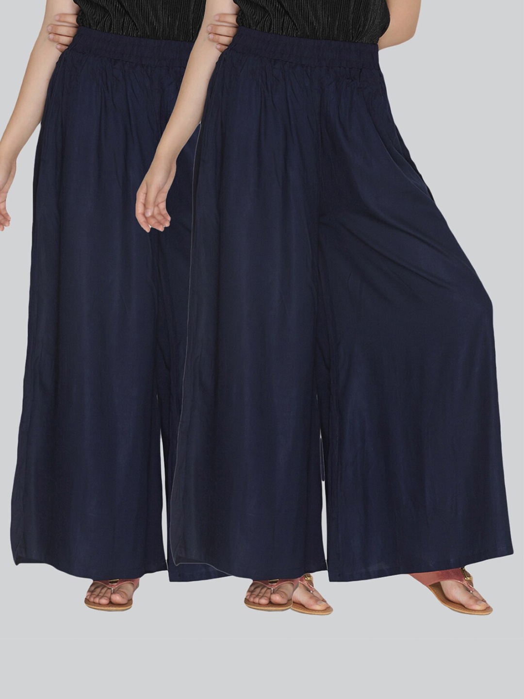 

LYRA Women Pack of 2 Flared Knitted Palazzos, Navy blue