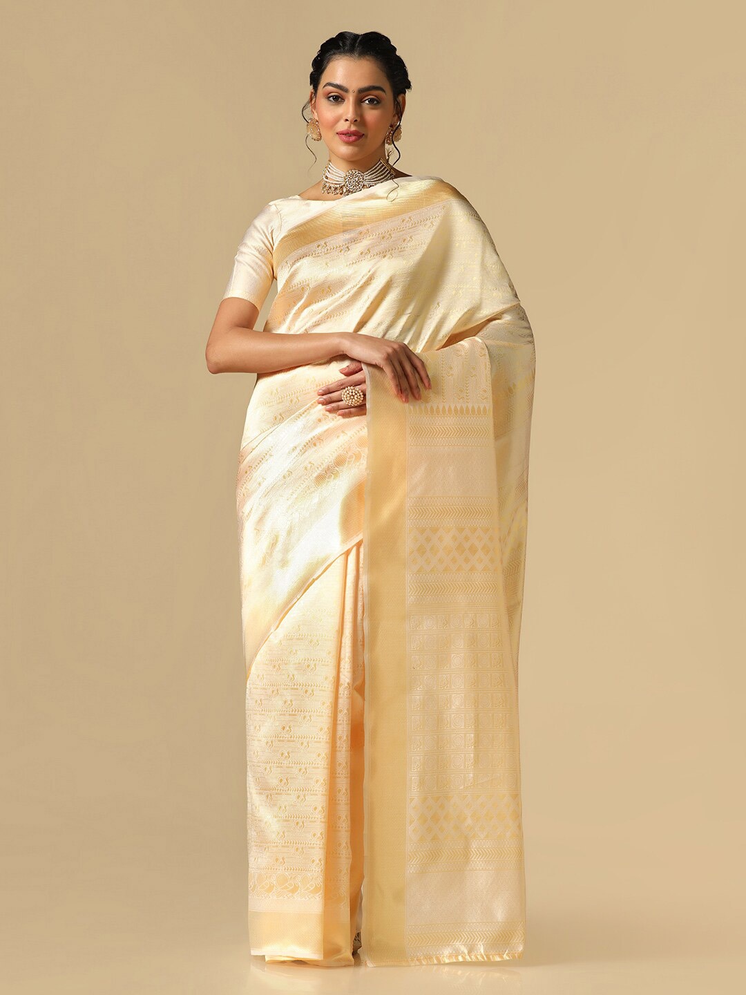 

Satrani Ethnic Motif Woven Design Zari Banarasi Saree, Cream