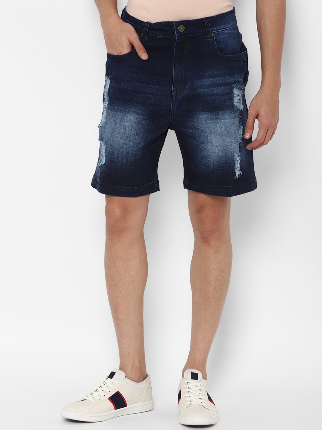 FOREVER 21 Men Washed Denim Shorts, Navy blue