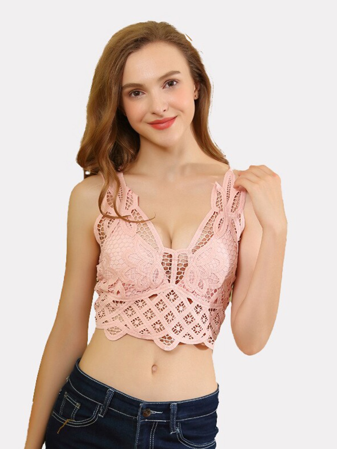 

FIMBUL Floral Bralette Lightly Padded Bra, Pink