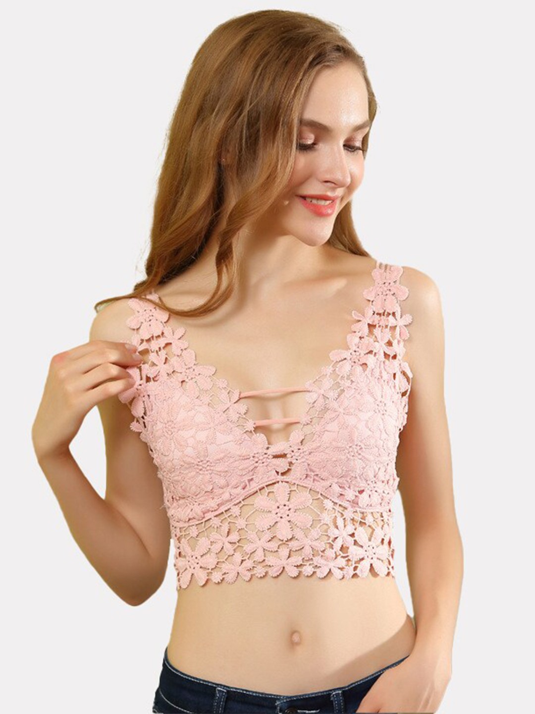 

FIMBUL Floral Bralette Styled Back Lightly Padded Bra, Pink