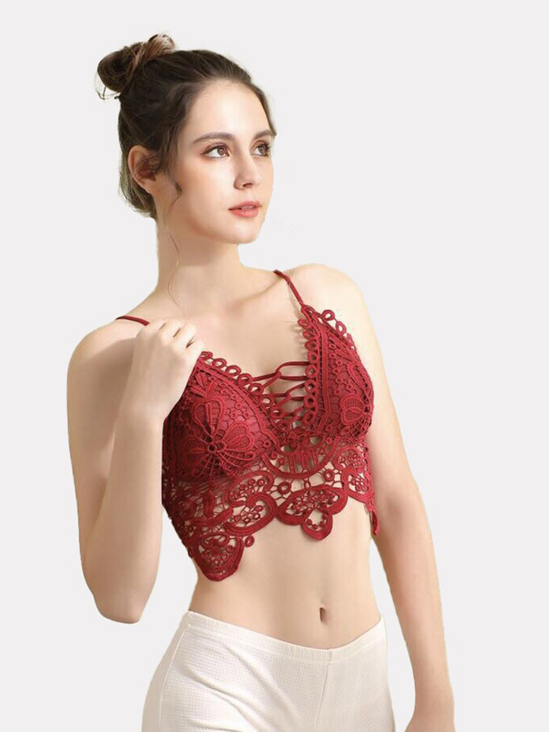 

FIMBUL Floral Bralette Styled Back Lightly Padded Bra, Red