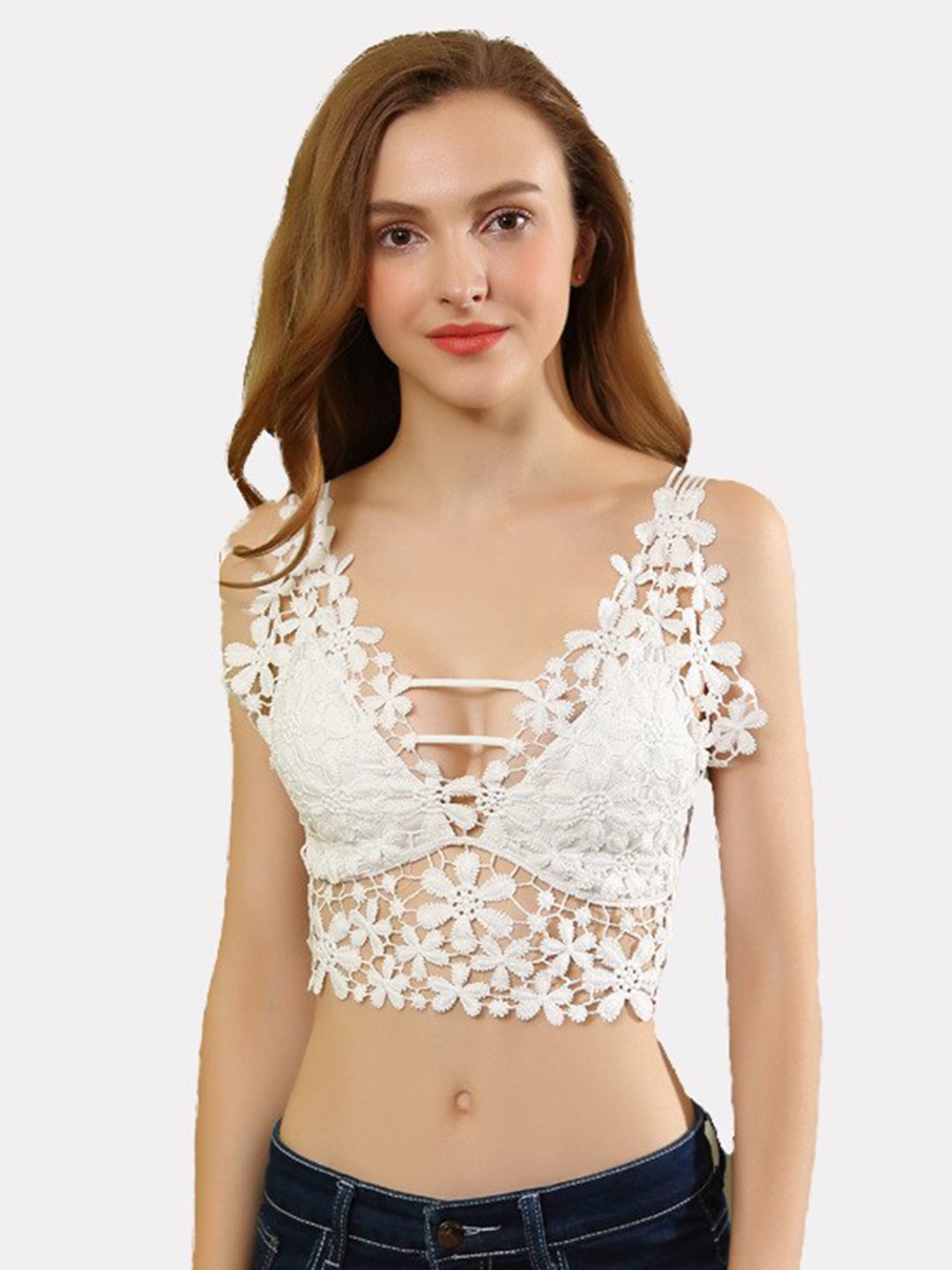 

FIMBUL Floral Bralette Styled Back Lightly Padded Bra, White