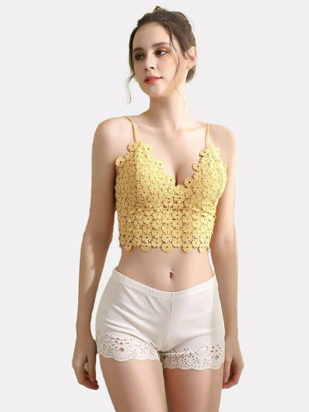 

FIMBUL Floral Bralette Styled Back Lightly Padded Bra, Yellow